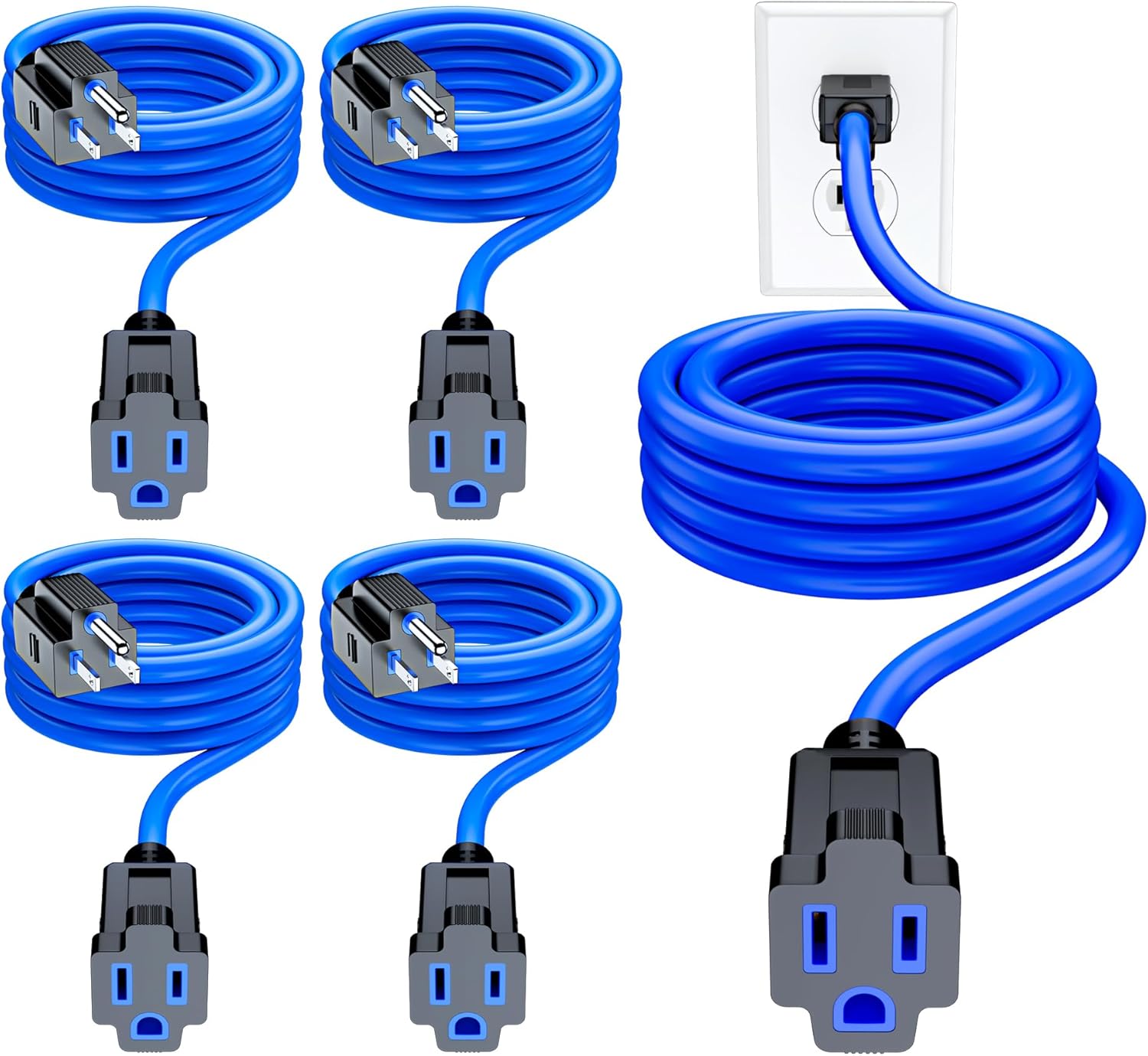Maximm Extension Cord 5 Pack, 15 Ft Blue Indoor Power Cords, 16 Gauge SJTW Heavy Duty Wire, ETL Listed, 125V 13A