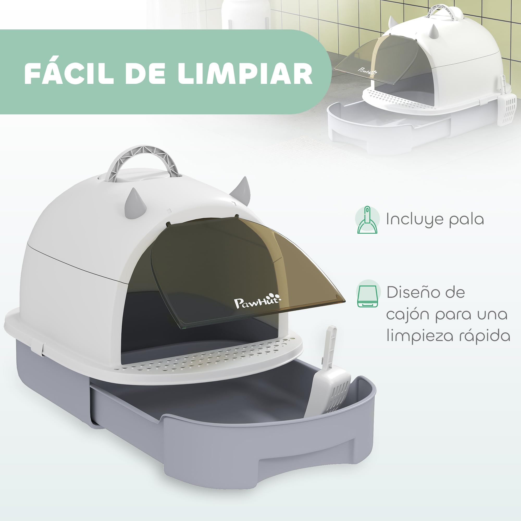 PawHut Arenero para Gatos Cubierto con Pala 40,5x52x39 cm Blanco y Gris | Caja de Arena para Gatos, Arenero Cerrado, Tapa Removible, Bandeja Extraíble, Filtro de Carbono, Asa Superior