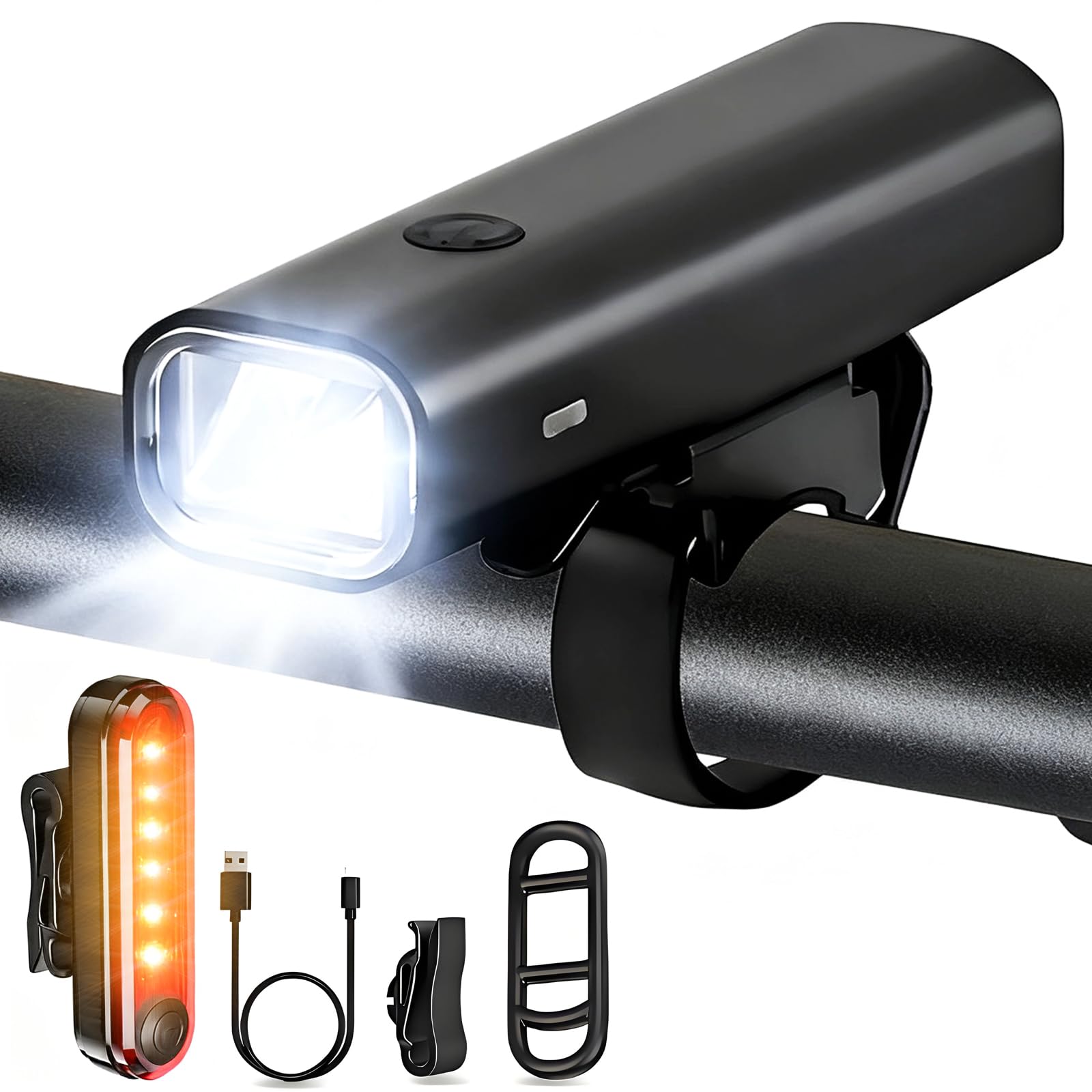 High Bright USB Rechargeable Bike Light for Night Riding, Powerful Bicycle Front Headlight and Back Taillight Set,4 Light Modes, Easy to Install for Men Women Kids Road Mountain Cycling Essentials