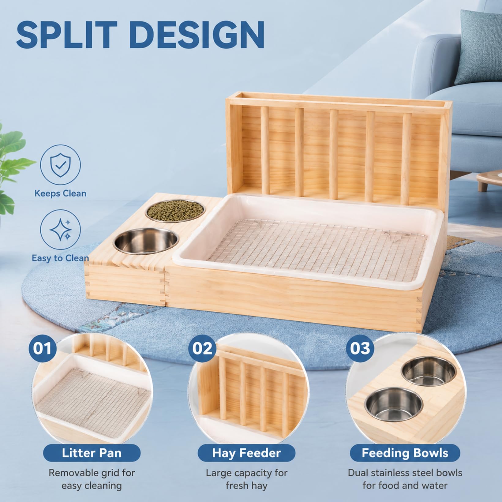 Râtelier à Foin Viridux pour Lapins, râtelier à Foin en Bois 3 en 1 | avec grille en acier inoxydable et outil de nettoyage, distributeur automatique de nourriture