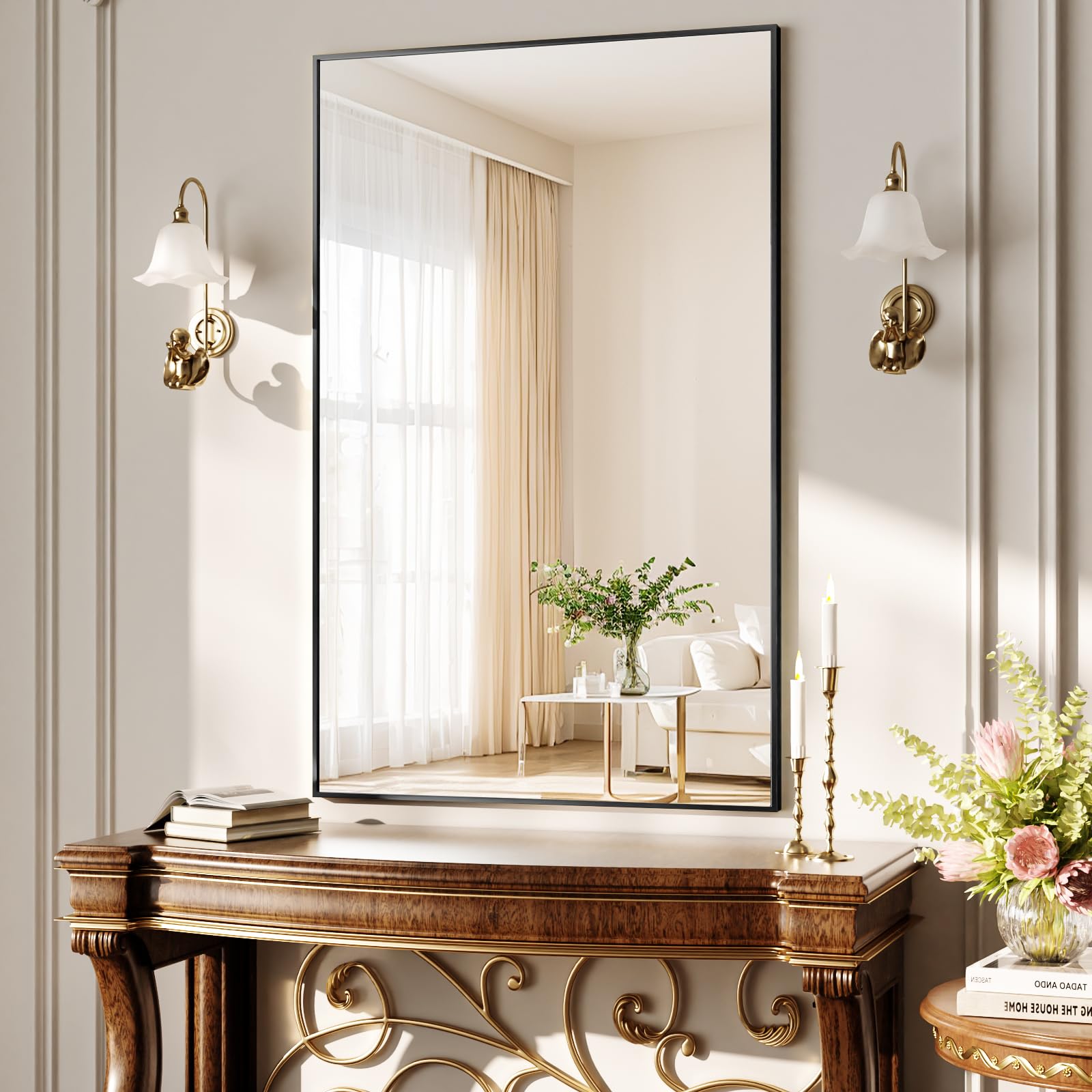 BEAUTYPEAK Specchio da parete rettangolare 120 x 75 cm, telaio in alluminio dorato, infrangibile per bagno, camera da letto, soggiorno