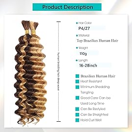 Human Braiding Hair for Boho Braids Human Hair 2 Bundles/Pack 110g 20 Inch Deep Wave Bulk Human Hair for Braiding 4/27 Highlight Ombre Curly Knotless 12A Brazilian Ombre Braids