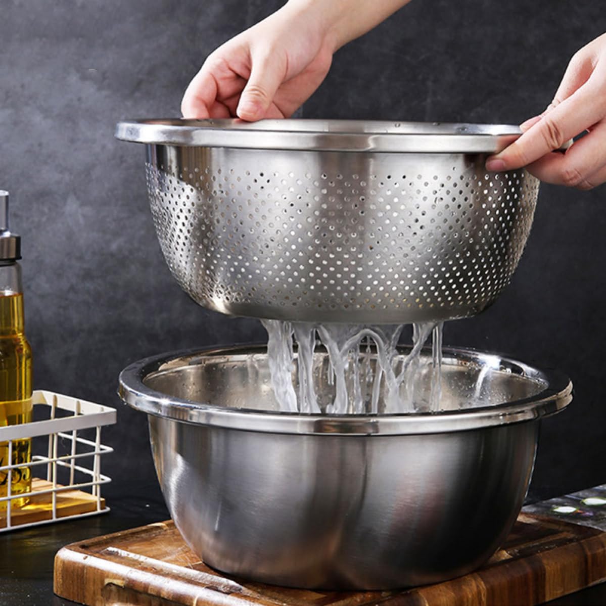 Juego de Colador Multifunción de Acero Inoxidable, 2 Piezas | Plata, para Frutas y Verduras en Cocina, Lavado de Arroz y Rallado Vegetal