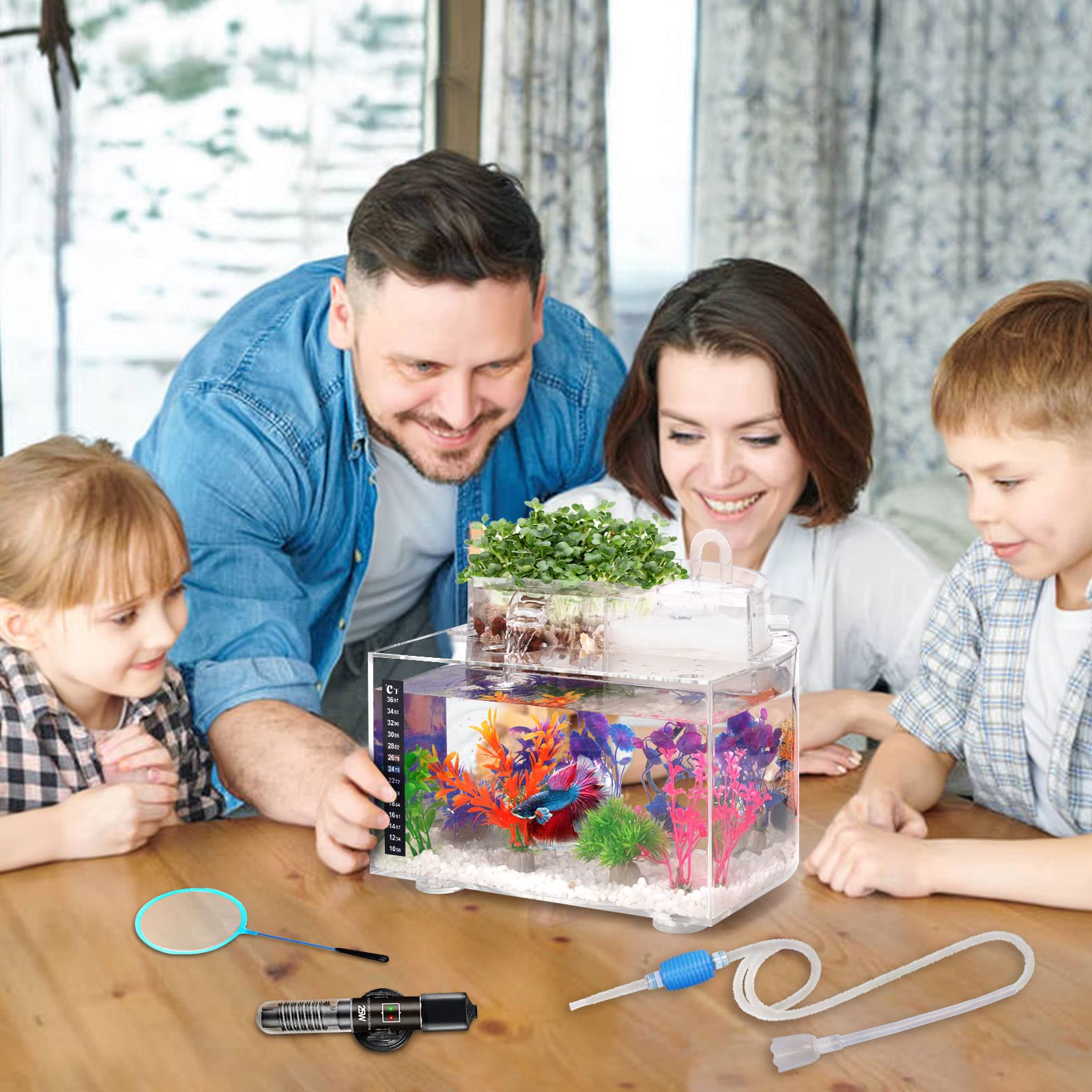 Kampffisch Aquarium Klein Komplettset, 10 L Aquarium Set Komplett mit LED- Beleuchtung, Filter, Heizung, Dekorationen und Zubehör – ideal für Hydrokultur-Anbausystem und Aquaponik