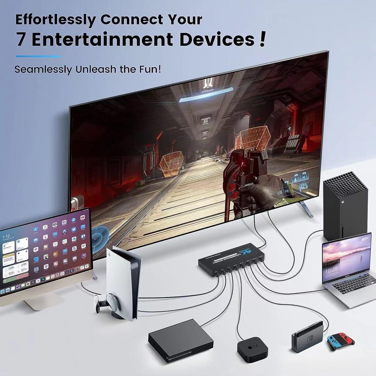 INF Przełącznik HDMI 7x1 z pilotem 4K@60Hz i IR, z kilkoma urządzeniami HDMI, w tym do Nintendo Switch, Xbox Series X, komputerami, laptopami i odtwarzaczami Blu-ray, Roku