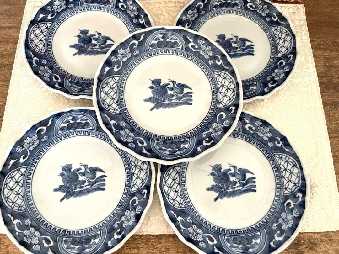 Ryuho Kiln Sometsuke Flower Birds Thick Flowers and Birds Medium Plates, Plate and Flower Ring Set of 5