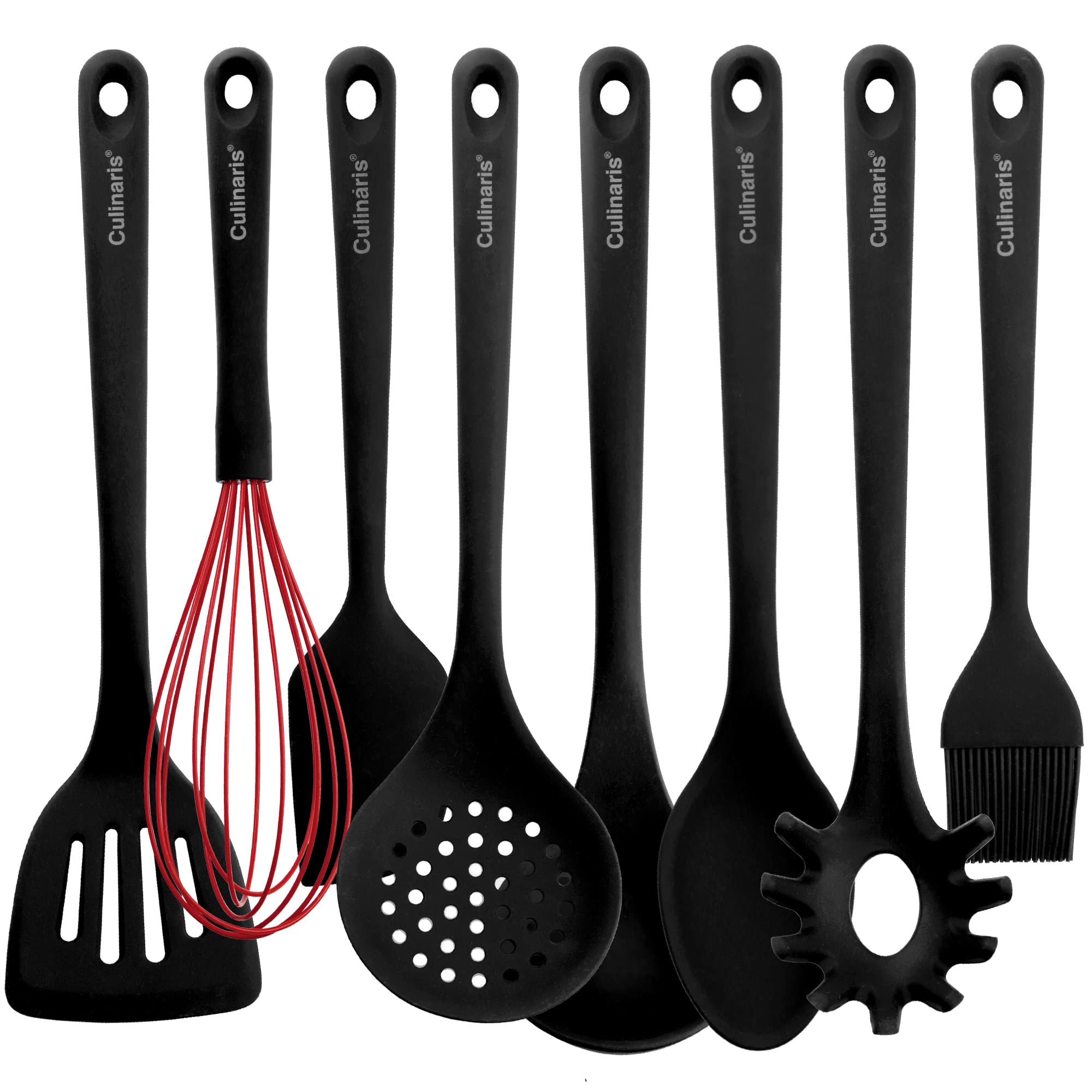 Culinaris Silikon Küchenhelfer Set 8-Teilig • Hitzebeständige Silikontools zum Kochen Grillen Backen servieren • BPA frei Lebensmittelqualität • Silikonutensilien Spülmaschinengeeignet • Farbe Schwarz