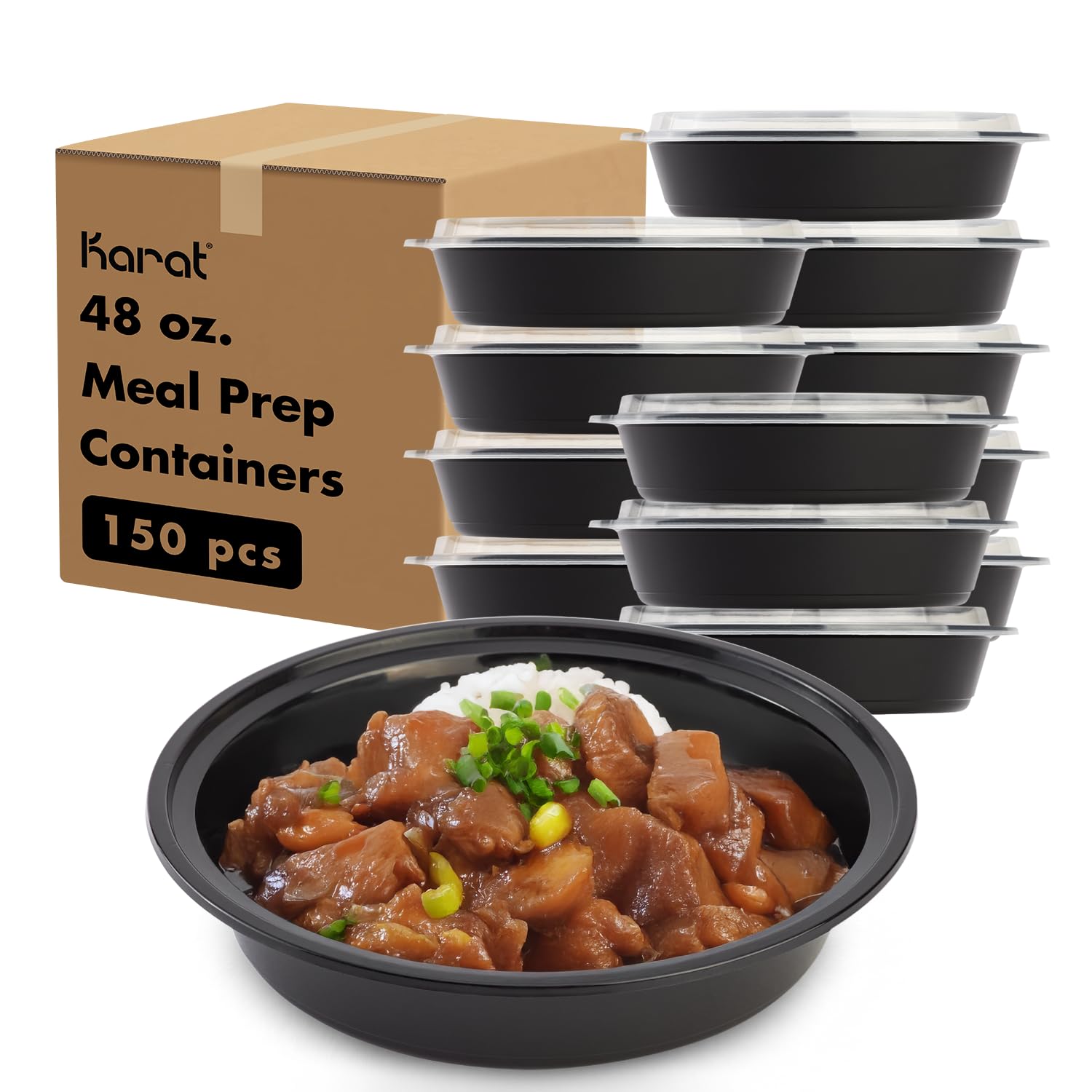 Karat Meal Prep Containers [48 oz - 150 ct] Reusable & Disposable Take Out Bowls with Lids - Microwave & Dishwasher Safe Bento Boxes