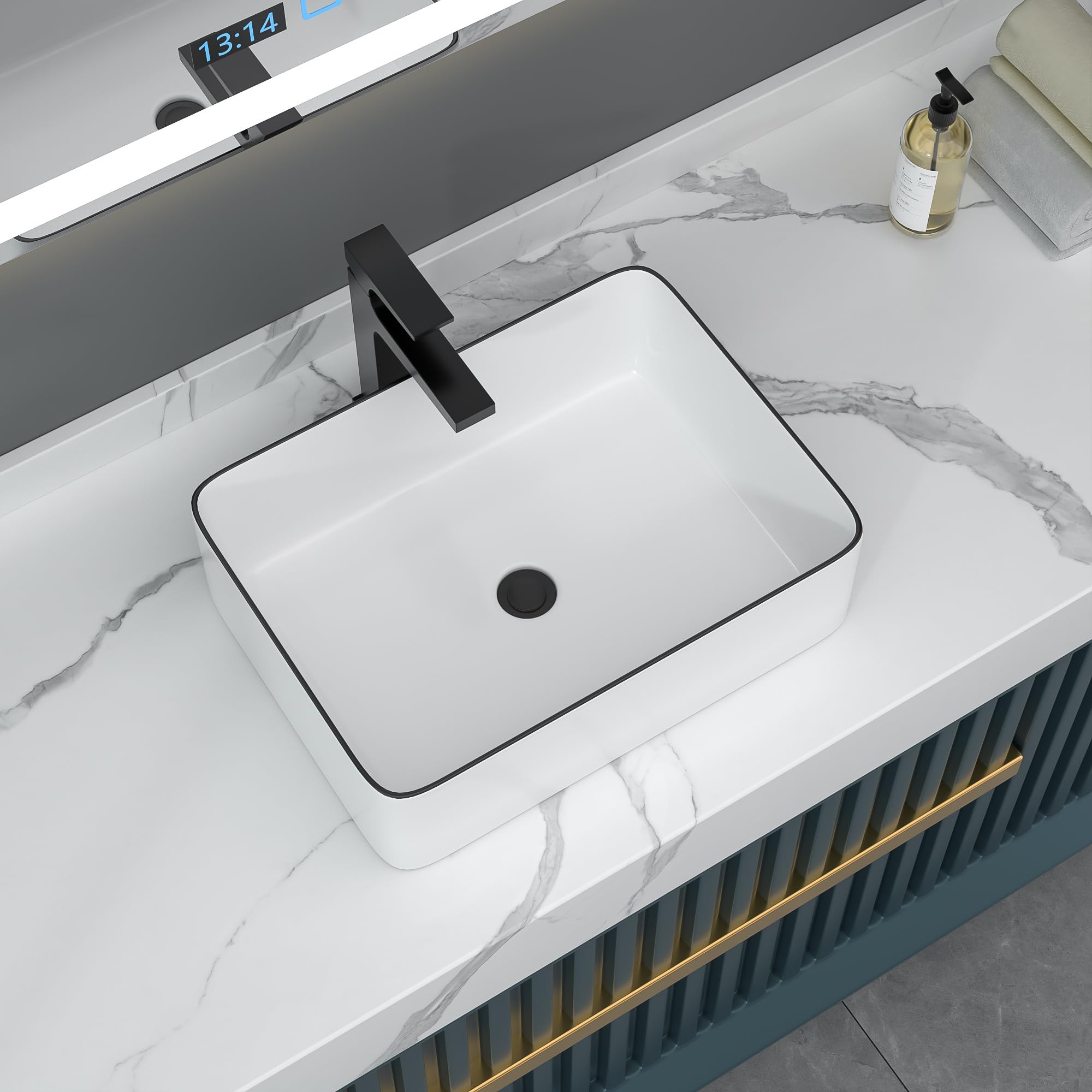 Rectangle Vessel Sink - Donsdey 19"x15" Rectangular Bathroom Vessel Sink White Ceramic Porcelain Lavatory Vanity Sink Basin, Above Counter with Black Edge
