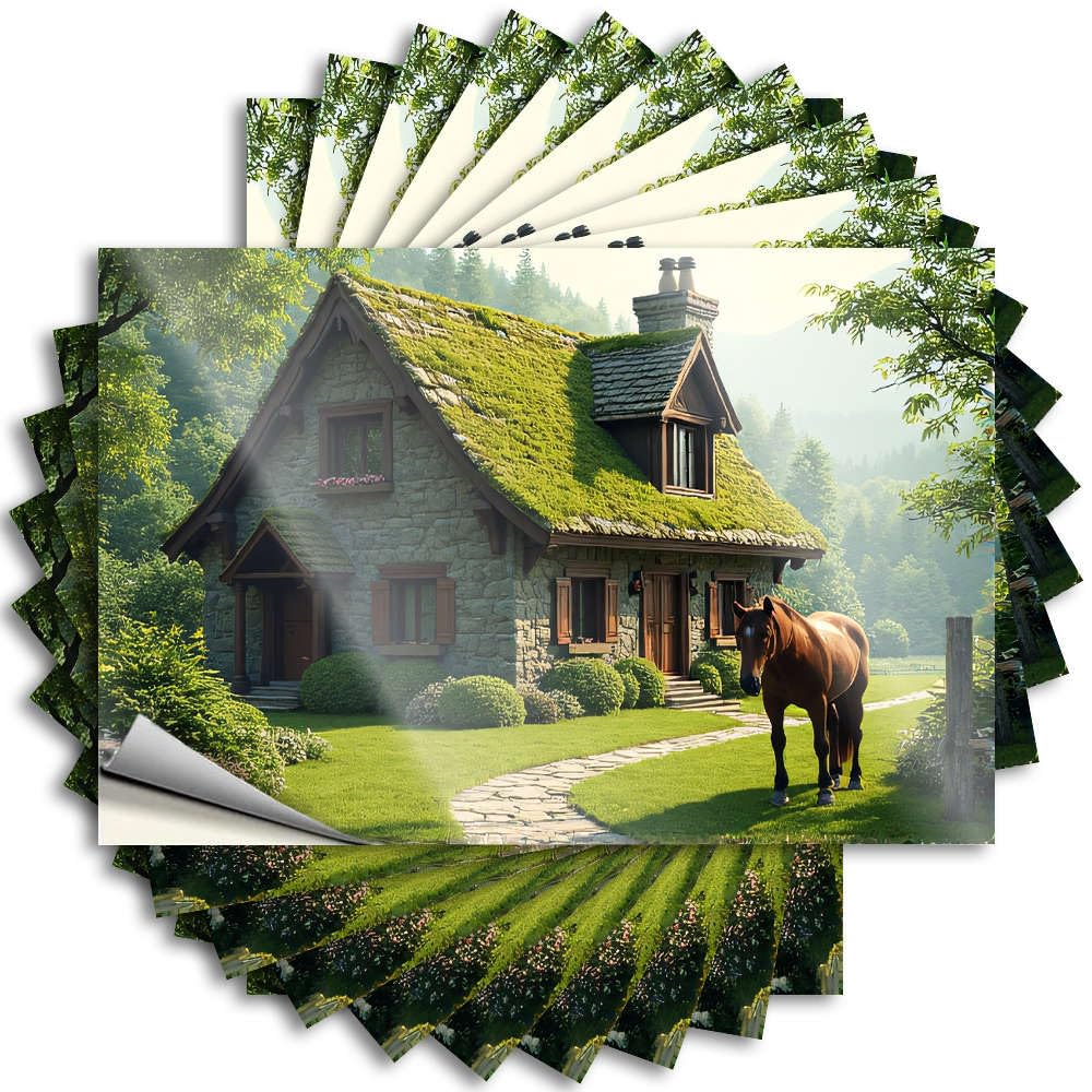 Tattoo - Smiley Face Cover A Quaint Stone Cottage with A Moss-Covered Roof for Motorcycle Rooms Decorations(8X12CM)