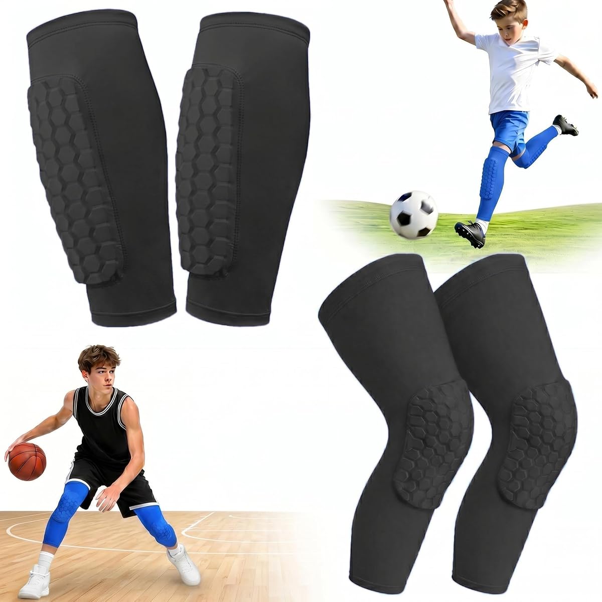 2 pares de espinilleras de fútbol para niños, jóvenes y adultos con almohadillas de panal | Espinilleras de fútbol, ​​funda de compresión para pantorrilla, soporte protector de espinilla ligero para baloncesto, correr, fútbol, ​​voleibol