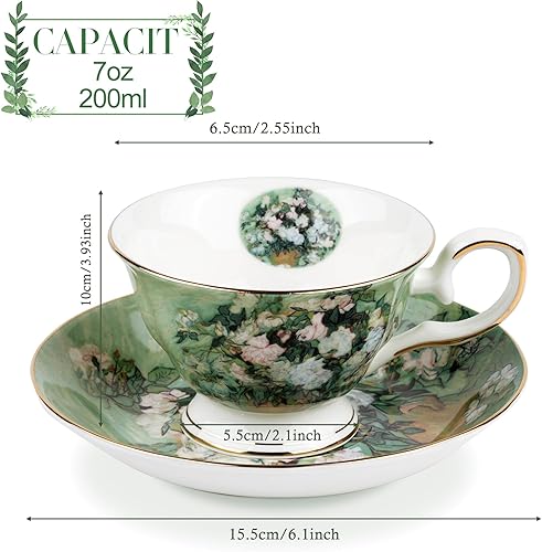 Miniatura 2 de AOTELIDA Juego de 2 tazas de té floral, porcelana de hueso de 7 onzas, tazas de café británicas de porcelana para té de rosa, capuchino, expreso