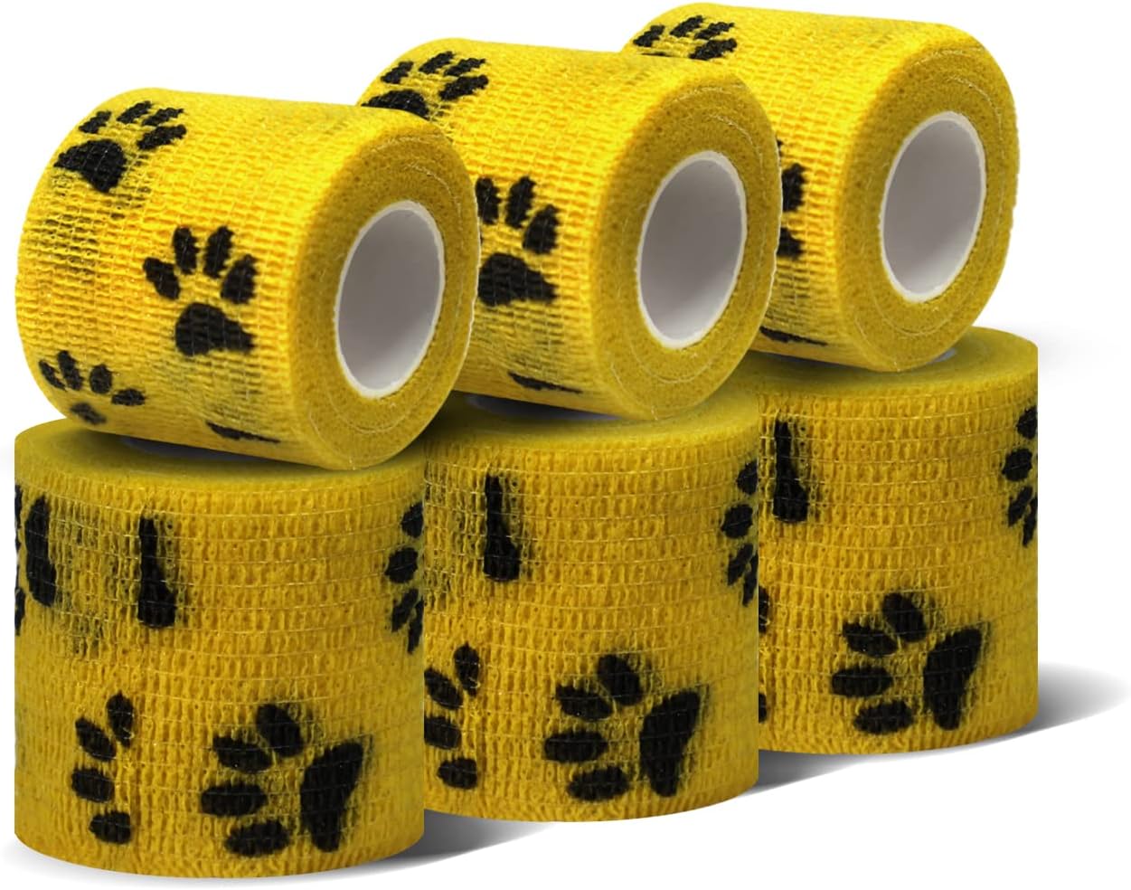 Risen Self Adhesive Bandage Wrap 6 Pack,2”x 5 Yards Medical Tape for Christmas Gifts,Gauze Rolls First Aid Vet Wrap Adherent Bandages for Sports,Dogs(Yellow Paw)