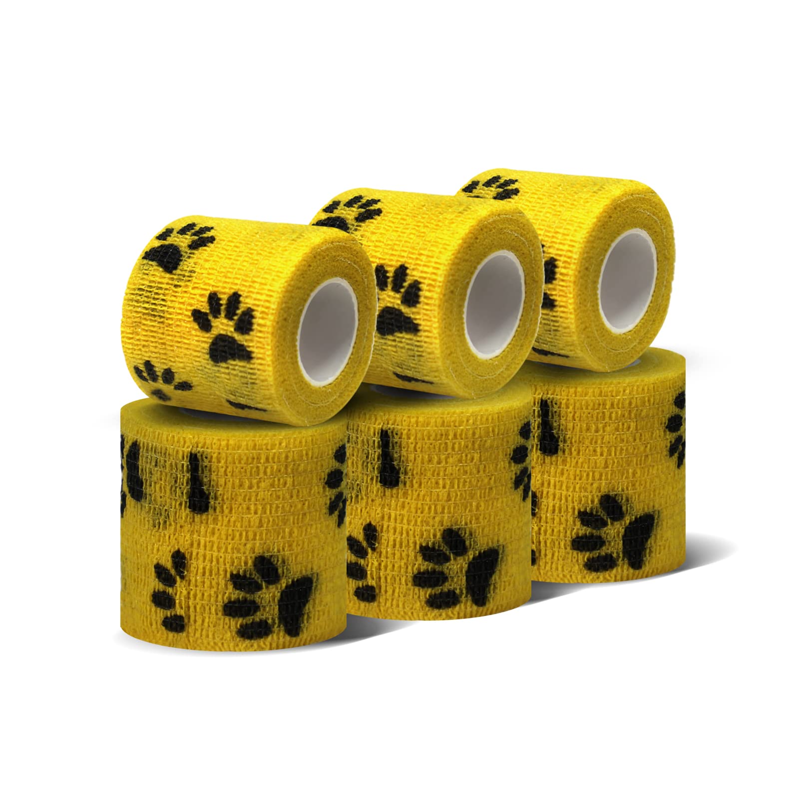 Risen Self Adhesive Bandage Wrap 6 Pack,2”x 5 Yards Medical Tape for Christmas Gifts,Gauze Rolls First Aid Vet Wrap Adherent Bandages for Sports,Dogs(Yellow Paw)