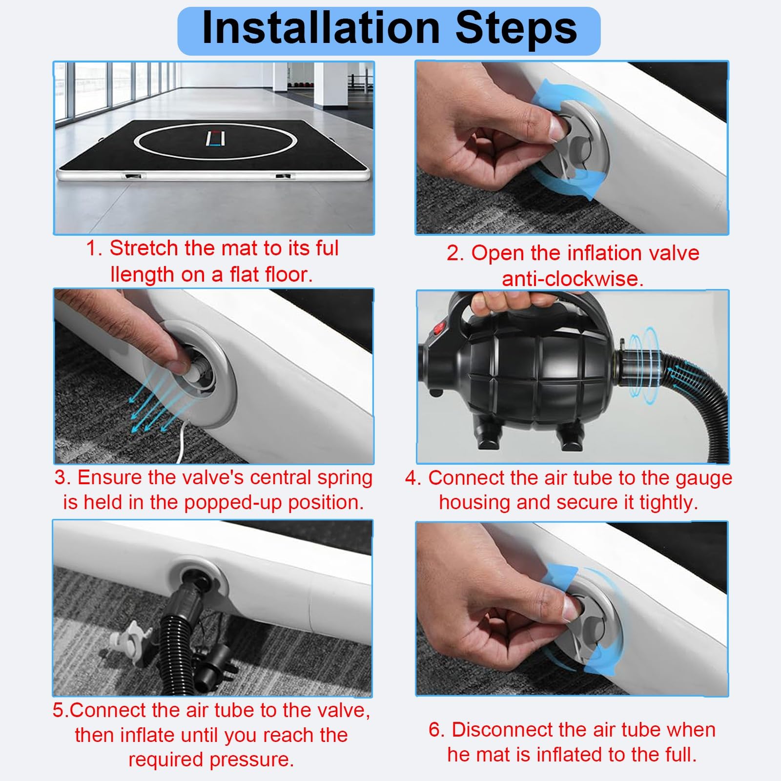 Nadmuchiwana mata zapaśnicza, 10 cm gruba mata z pompką elektryczną, przenośna do BJJ, boksu, cheerleaderek, jogi, gimnastyki