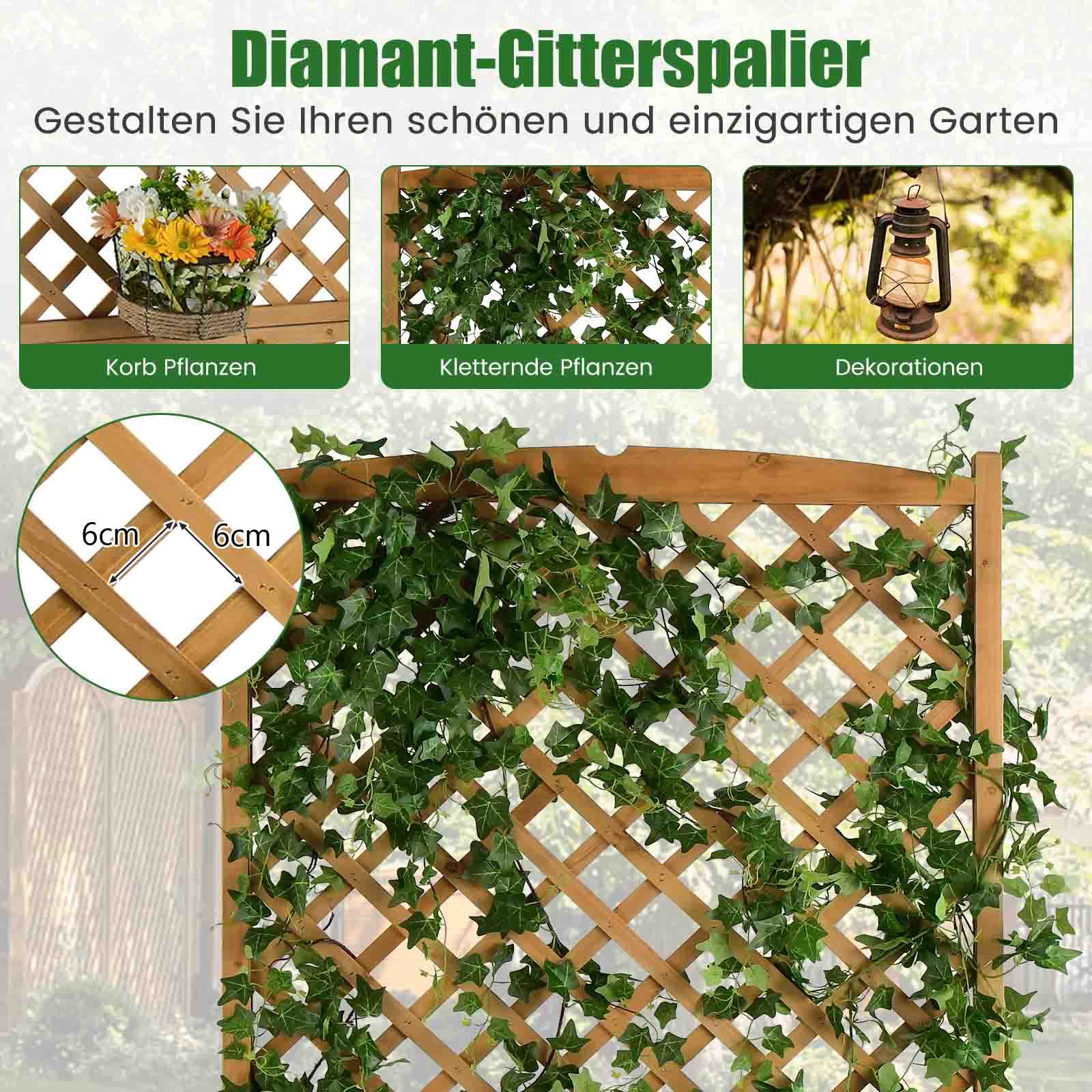 COSTWAY Pergola ze skrzynką na kwiaty z drewna jodłowego, 180 cm, skrzynka na rośliny pnące, podwyższona grządka z kratką dla roślin pnących i otworem drenażowym, donica na kwiaty do ogrodu, na
