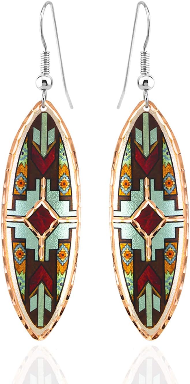 FRONT LINE JEWELRY Artisan Copper Native Earrings – Elliptical Cut-Out Elongated Teardrop Design with Turtle, Dragonfly, Butterfly, Bear, Hummingbird, Maple Leaf, Flower, Horse & Haida-Inspired Motifs