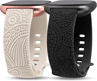 SLICKA 2Packs Boho Engraved Bands Compatible with Fitbit Versa 2/Versa/Versa Lite Watch Bands Women Men, Soft Sport Silicone Dressy Strap with Fancy Henna and Leaf Pattern for Versa 2