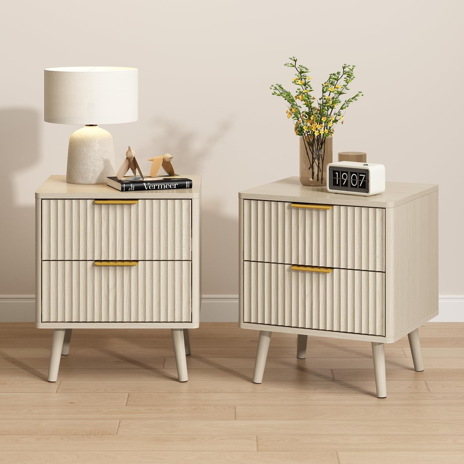 CARPETNAL Fluted Nightstand Set of 2, Beige Bedside Table with 2 Drawers and Gold Handles, Wood End Table Mid Century Night Stands for Bedroom Living