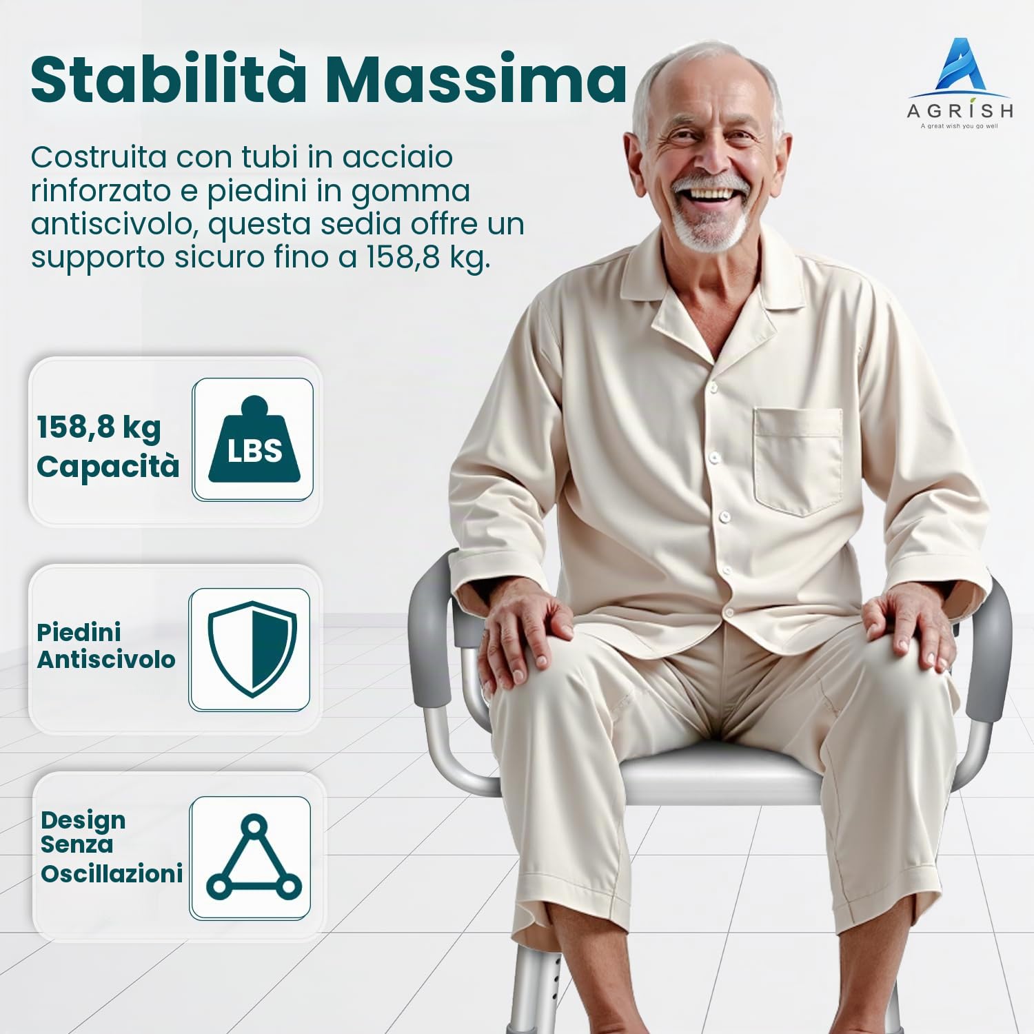 Sedia da Doccia Regolabile con Braccioli Rimovibili per Anziani | Portata fino a 159 kg, struttura robusta e piedini antiscivolo; adatta a vasche e persone disabili o con mobilità ridotta.