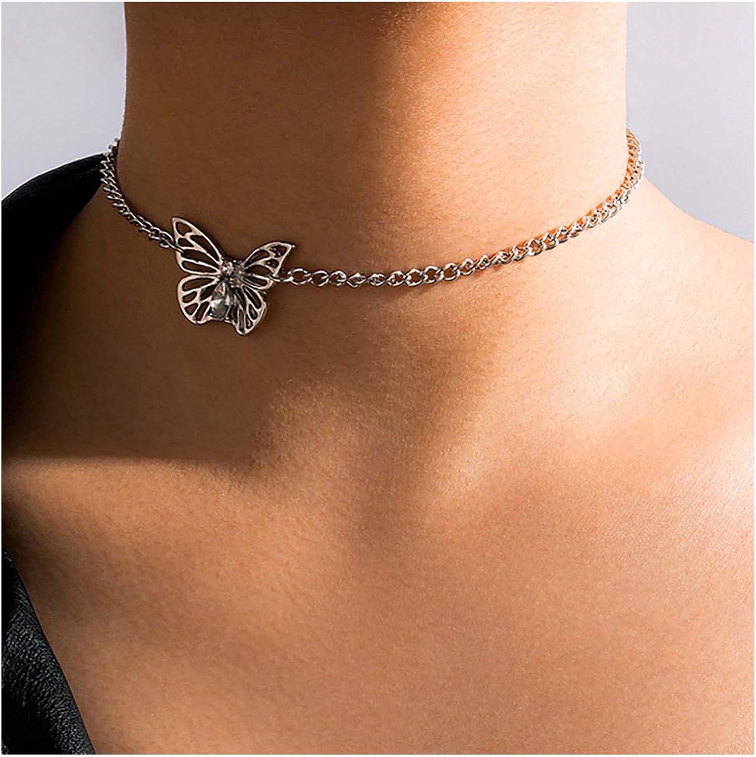 Andelaisi Boho Crystal Butterfly Choker Necklace Large Butterfly Necklace Silver 3D Butterfly Collar Necklace Minimalist Insect Necklace Jewelry for Women - Image 2