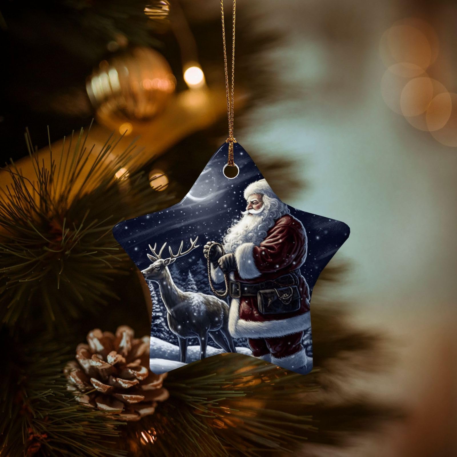 Christmas Tree Ornaments Ceramics Christmas Decorations Night Santa Ornaments with Gold Ribbon Porcelain Xmas Tree Crafts Star Shape Hanging Pendant for Christmas Tree Party Decor