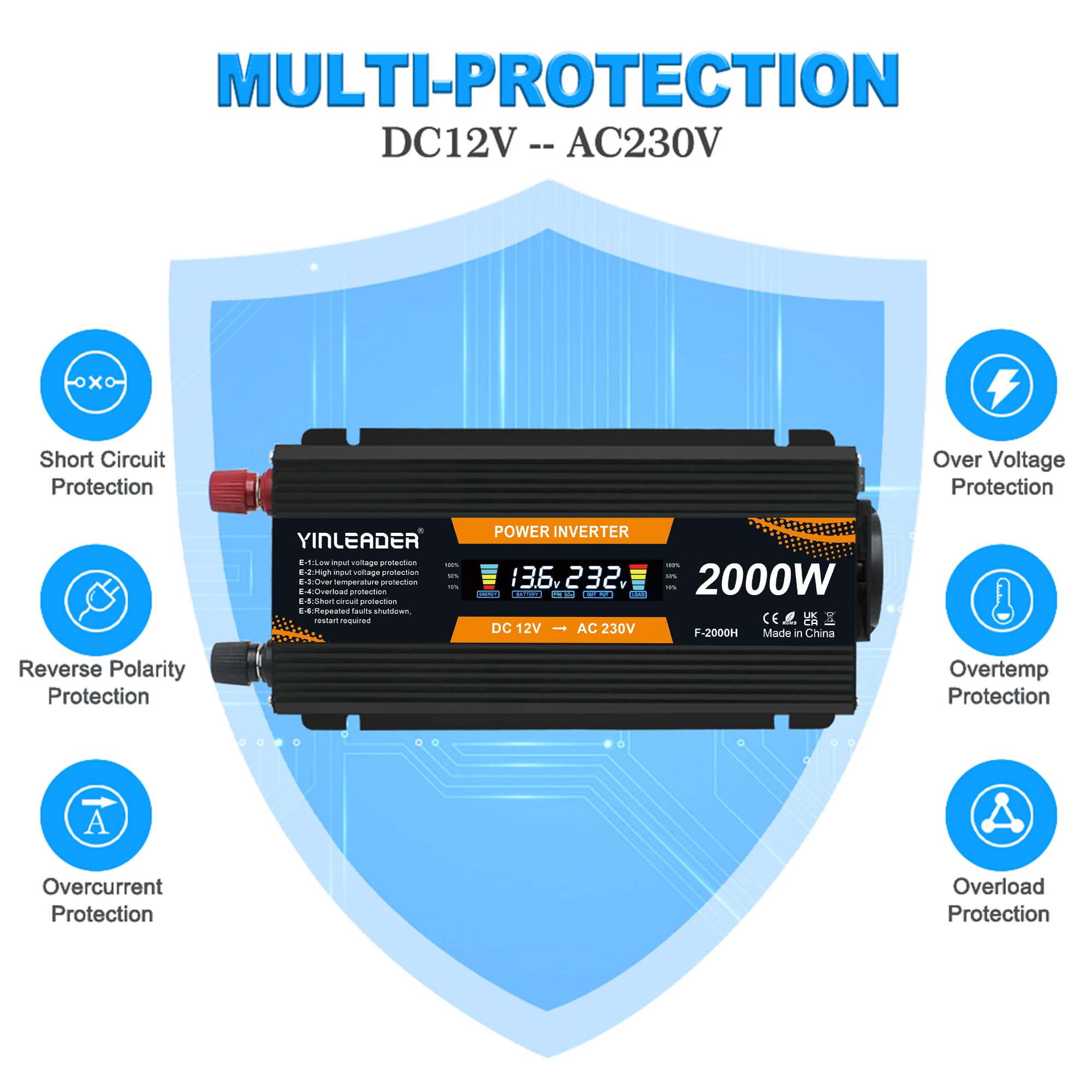 Yinleader Convertisseur 12v 220v 800W /2000W Onde sinusoïdale modifiée onduleur transformateur de Tension LCD USB - Noir