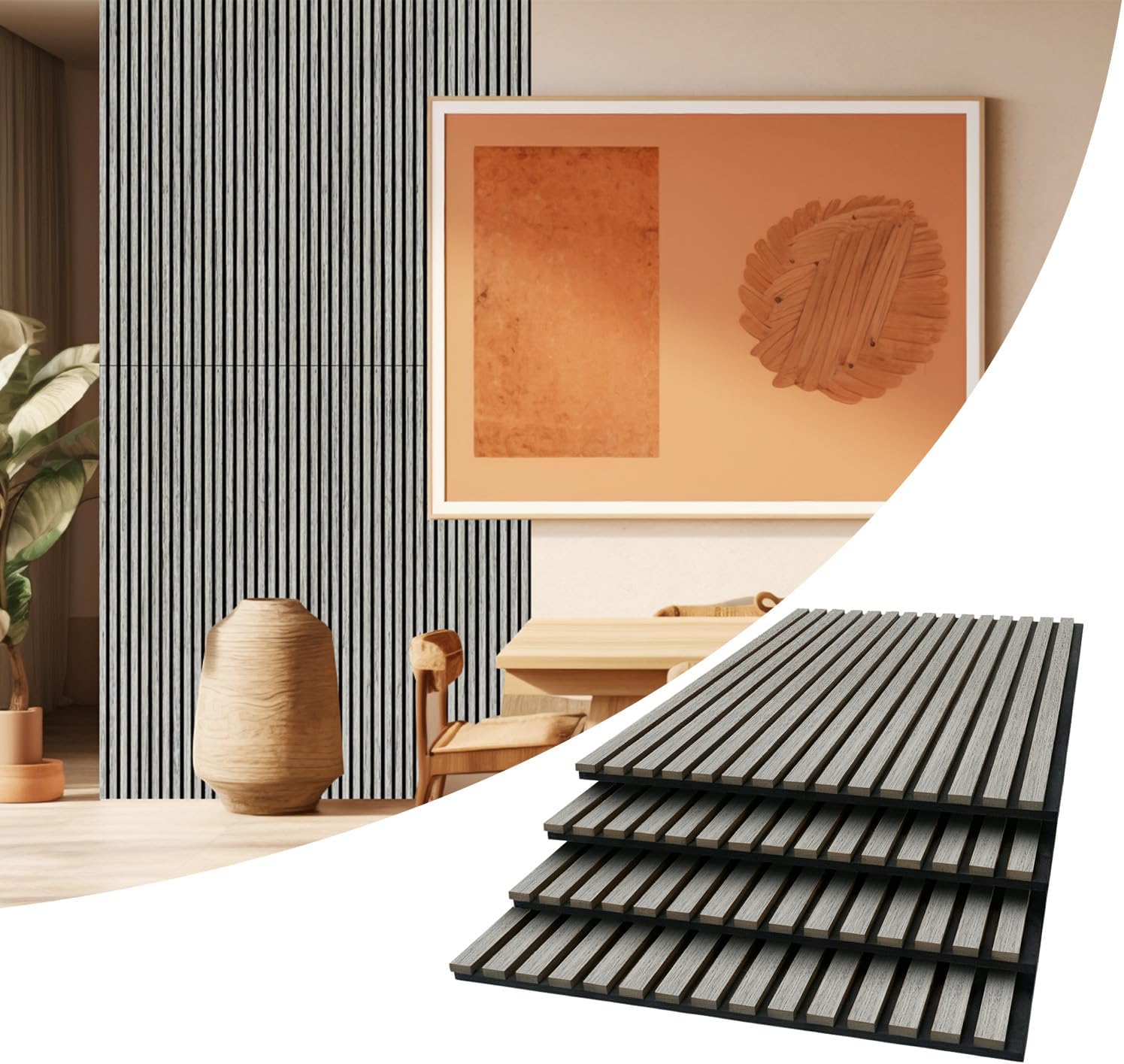 AKUMAX Acoustic Wood Slat Wall Panels-3D Slat Wall Panelling for Wall-Ceiling and Sound Absorbing - Wooden Wall Panels for Living Room, Bedroom-Fire Retardant & FSC-4 Pack-96x24Inches(Sineroak) 4pcs-24in*24in Siner Oak