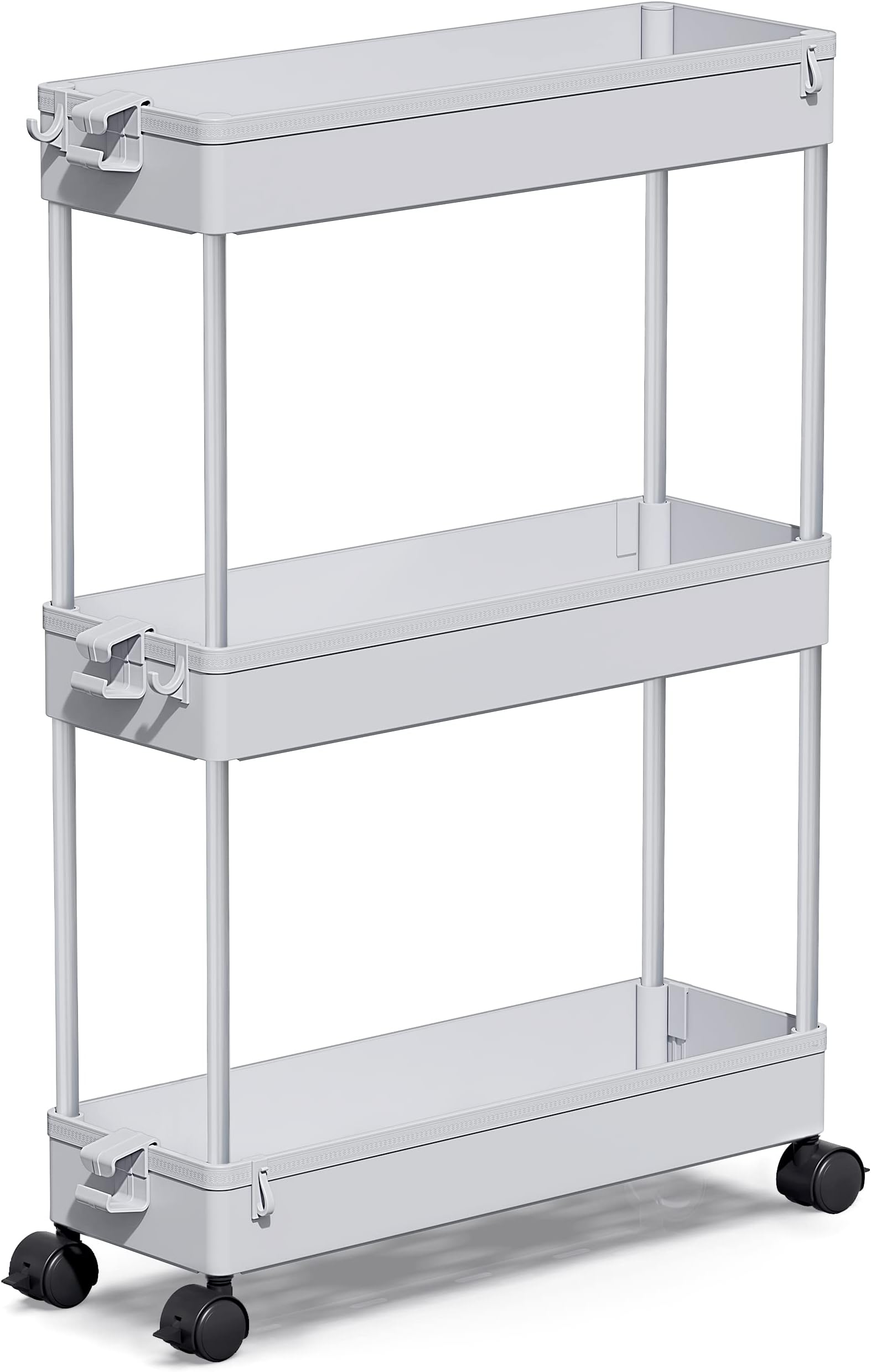 SPACEKEEPER Storage Trolley 3-Tier Slim Storage Cart Slide Out Rolling Utility Cart Mobile Shelving Unit Trolley Organizer Cart for Kitchen Bathroom Laundry Office, Plastic,Grey