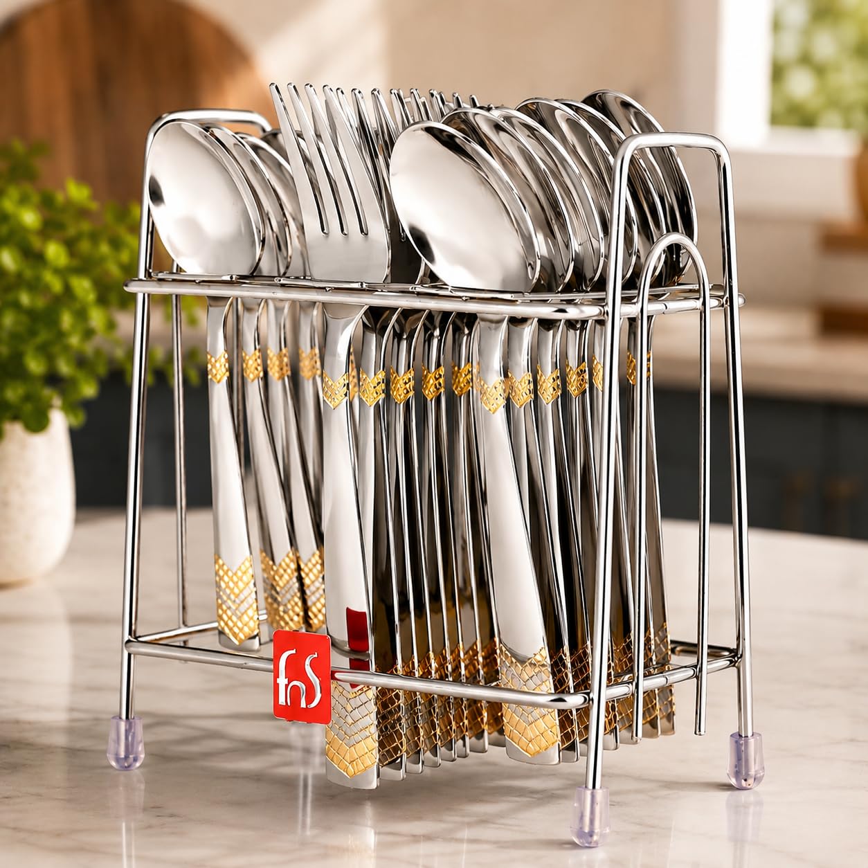 24K Gold Flatware Set - Premium Stainless Steel Cutlery with Stand -9