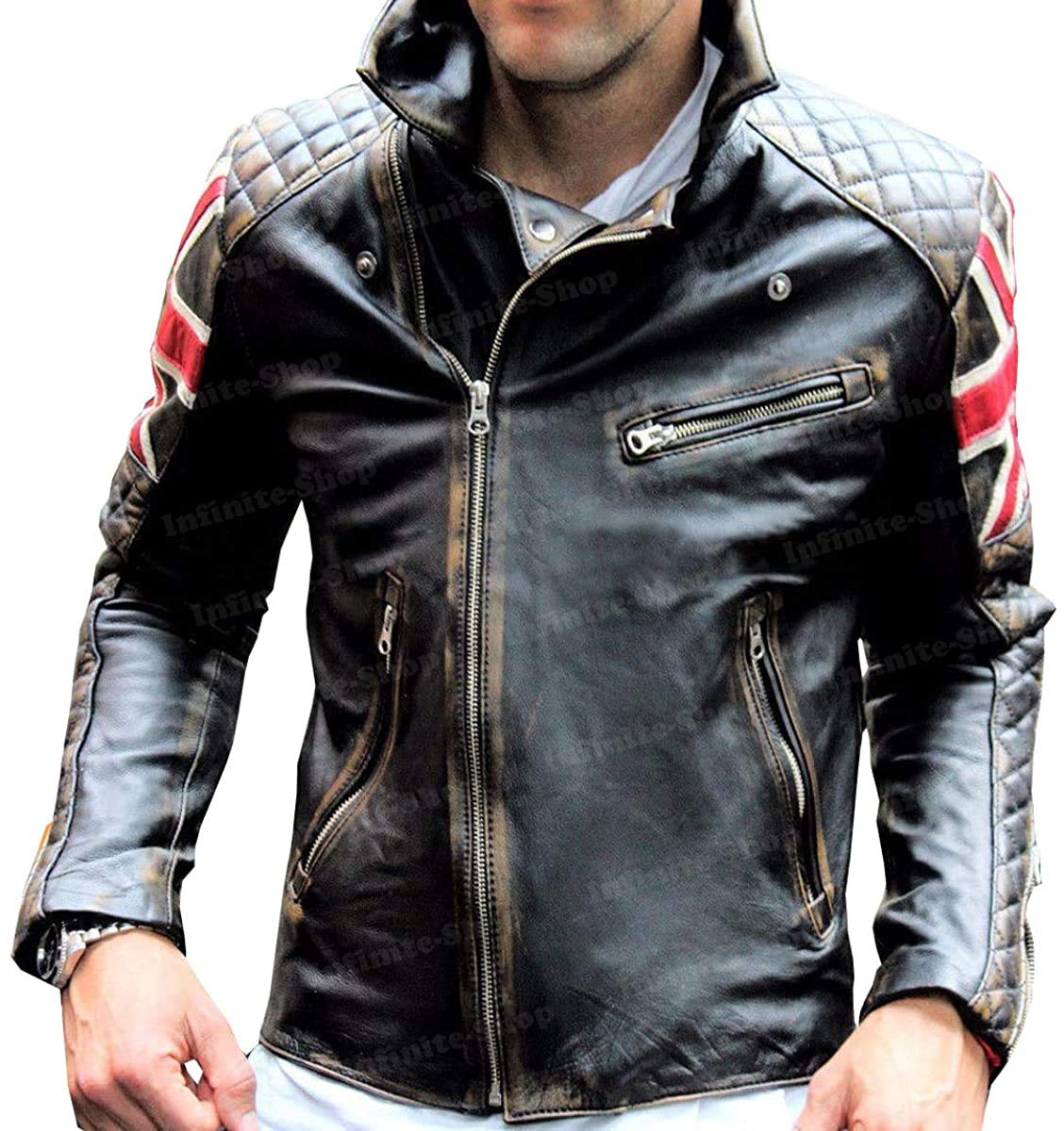 Cafe Racer Veste de moto vintage, Blouson Cuir Vieilli avec drapeau du Royaume-Uni - noir - Large