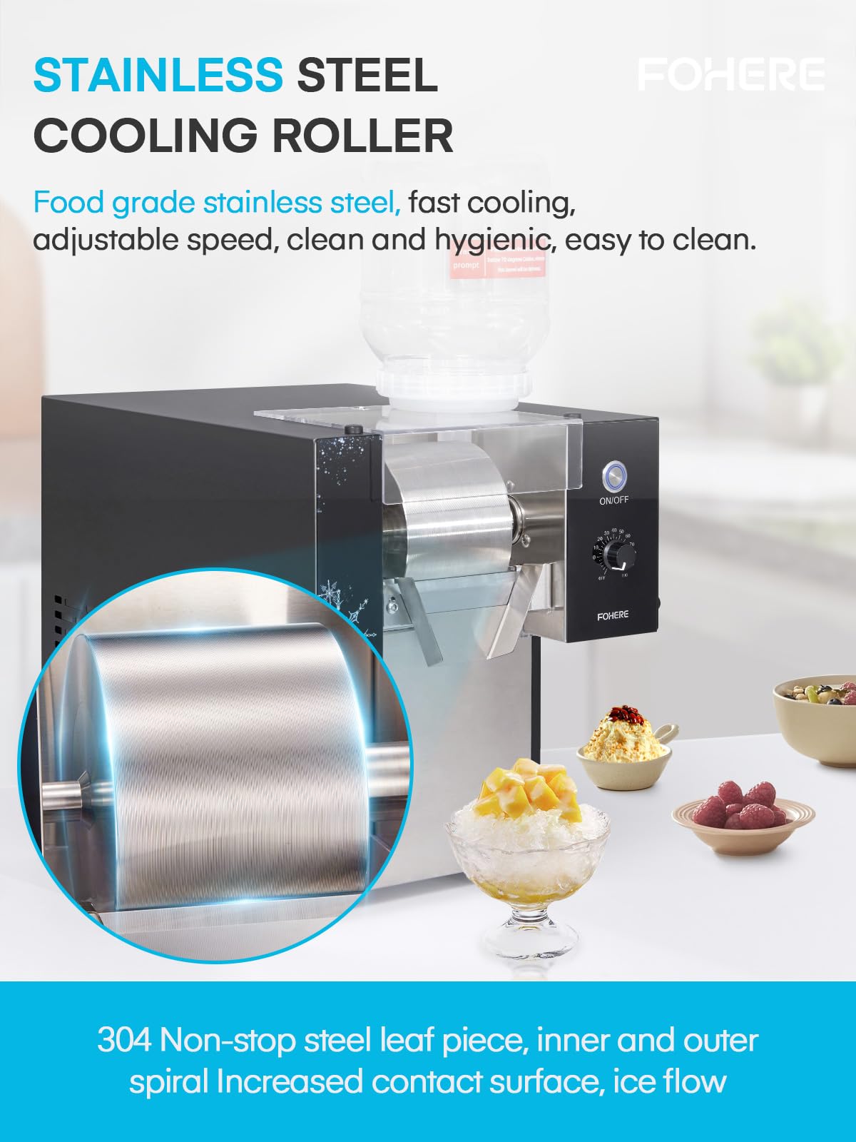 FOHERE Máquina de Hielo en Forma de Copos de Nieve 80kg/24h | Máquina para Raspar Hielo Acero Inoxidable Sistema de Enfriamiento por Líquido para Rápida Disipación del Calor para