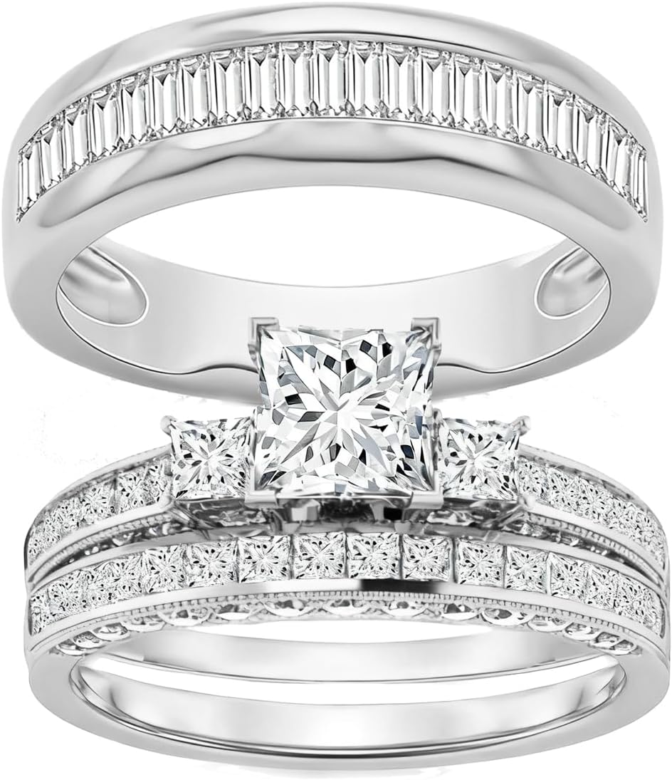 10K 14K 18K Gold Couple Ring Set for Her and Him 1-3 Carat Moissanite Matching Wedding Bands Ring Set for Women and Men Couple Engagement Rings Sets 925 Silver 3pcs Bridal Rings Sets Free Engraving