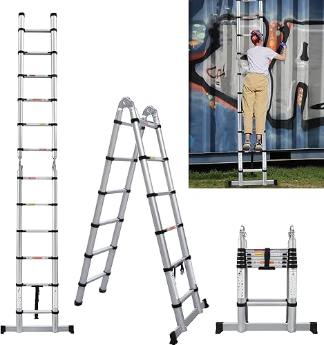 Escalera telescópica con marco A de 12.5 pies, escalera plegable de aluminio, escalera plegable de 12.5 ft, capacidad de 330 libras con barra