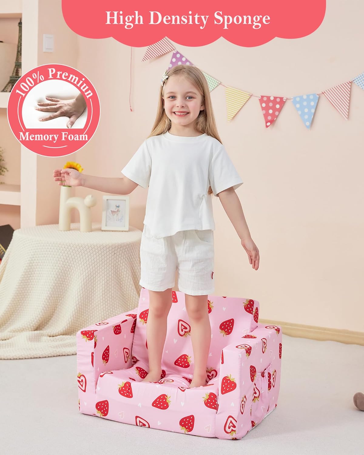 Toddler Couch, 2-in-1 Soft Kids Couch Bed Fold Out, Toddler Chairs Comfy for Boys & Girls, Convertible Kids Sofa to Lounge for Playroom, Gift for Birthday, Children's Day - Pink Strawberry - Image 4