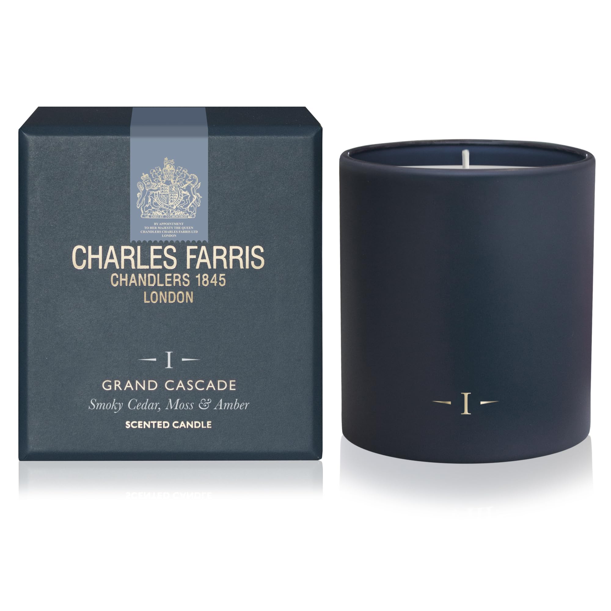 Charles Farris Luxury Scented Candle - Smoky Cedar, Moss & Amber - Artisan Hand-Finished Glass Jar, Made in England (Grand Cascade)
