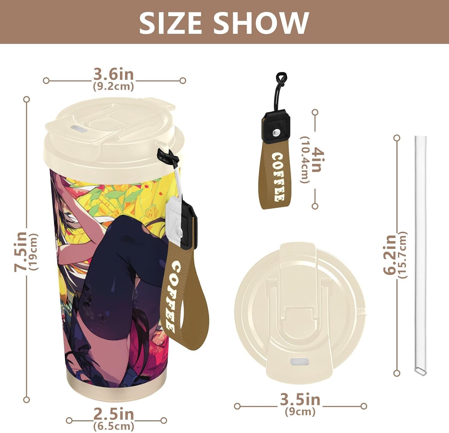 Insulated Coffee Mug Anime Woman Cool with Straw & Flip Lid, 16.9oz Iced Tumbler Cup, Double Wall Vacuum Mug for Travel Office Camping