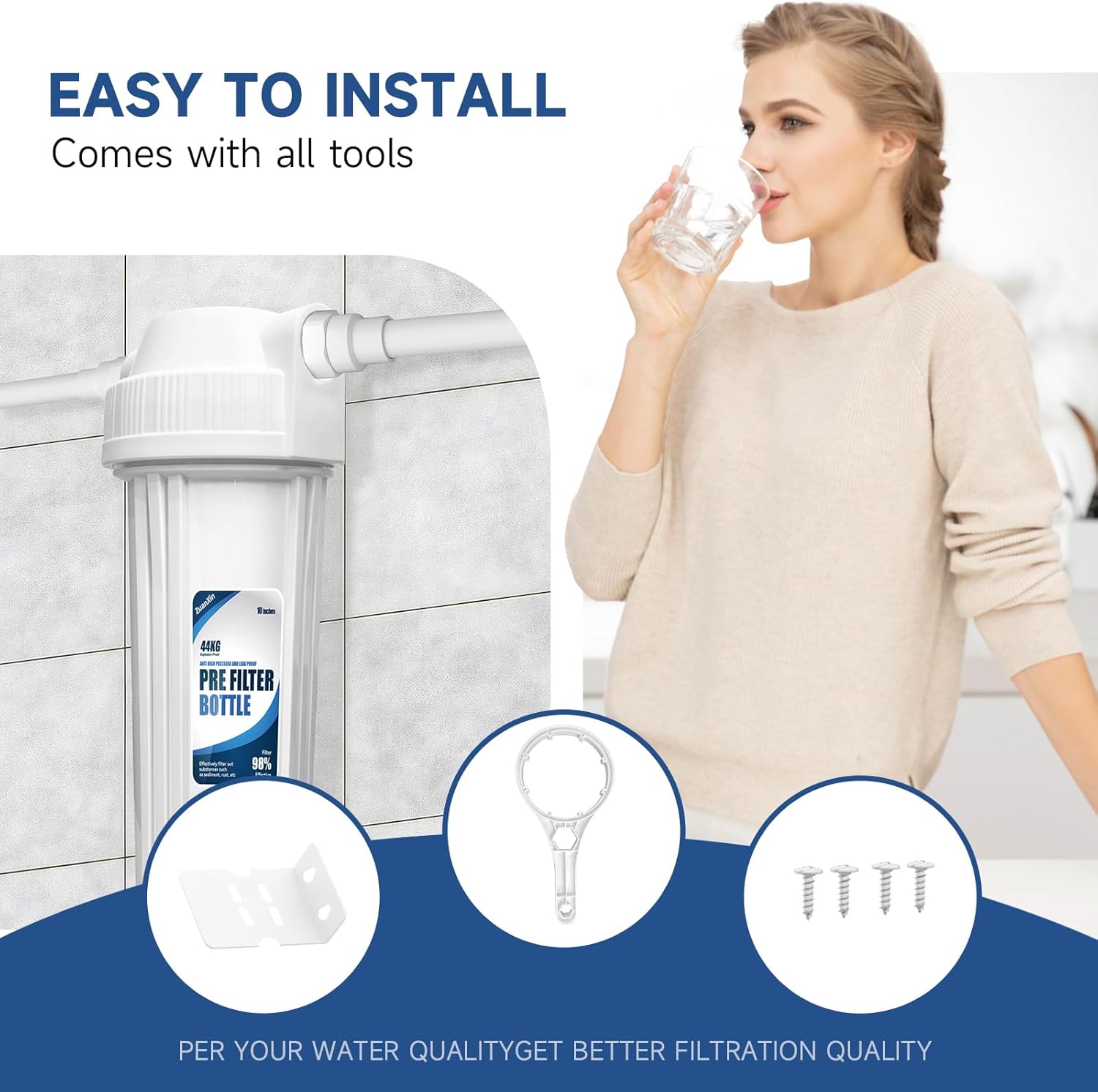 Whole House Water Filter Housing, Fit 10"x2.5" Sediment etc Filters for Well and City Water, Pre-Filtration System for Home, 3/4" Brass Port, Heavy Duty Steel Bracket, 4 Screws, Wrench, 1 Pp Cotton