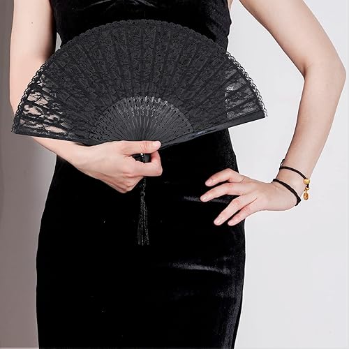 Miniatura 7 de choyaxo Lace Handheld Chinese Folding Fan Bamboo Silk Folding Fan for Women Wedding Decoration Dancing Party, Black Negro