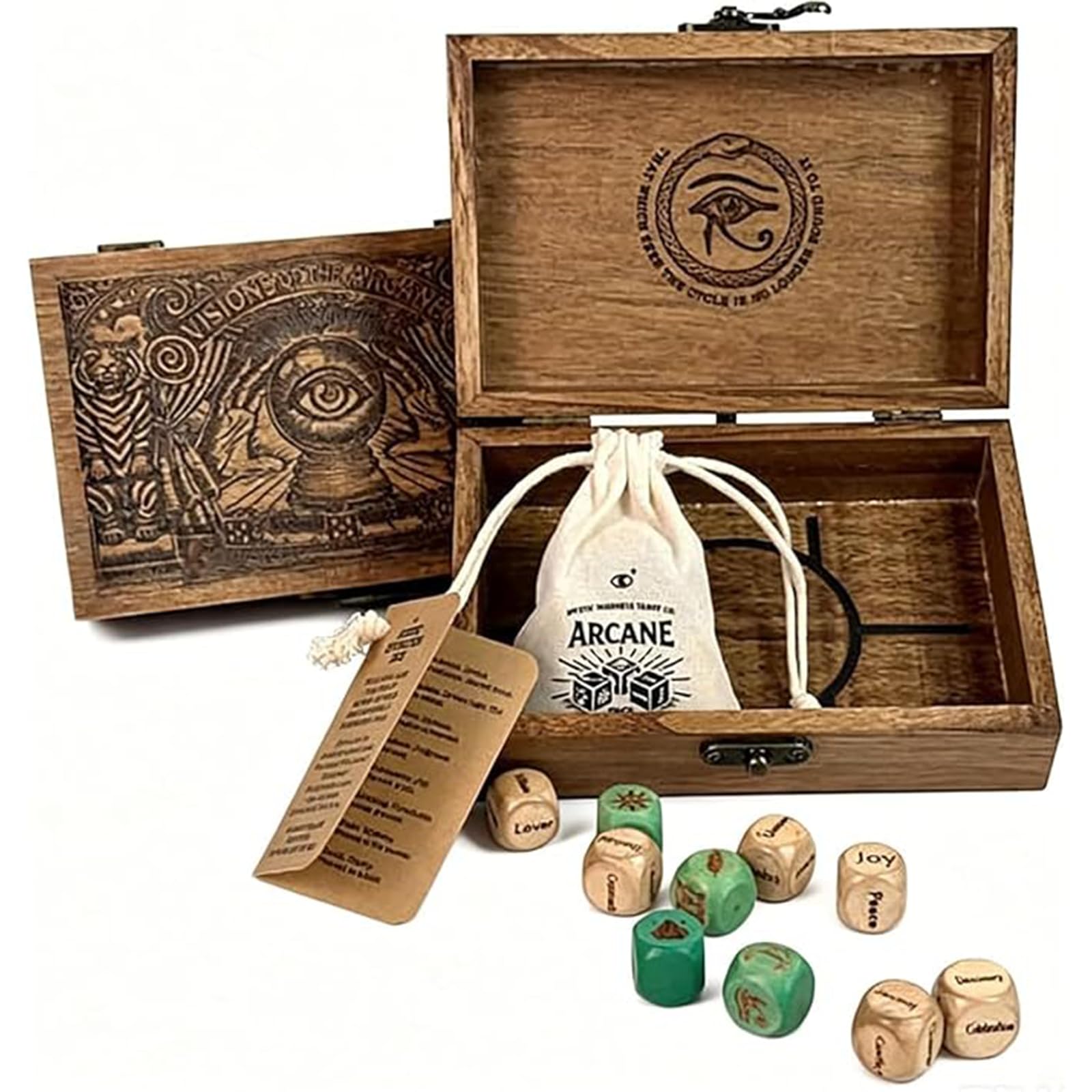 Arcane Divination Dice Set with Engraved Wooden Box, 10 Piece Handcrafted Oracle Dice for Tarot Rituals, Daily Guidance & Spiritual Insight