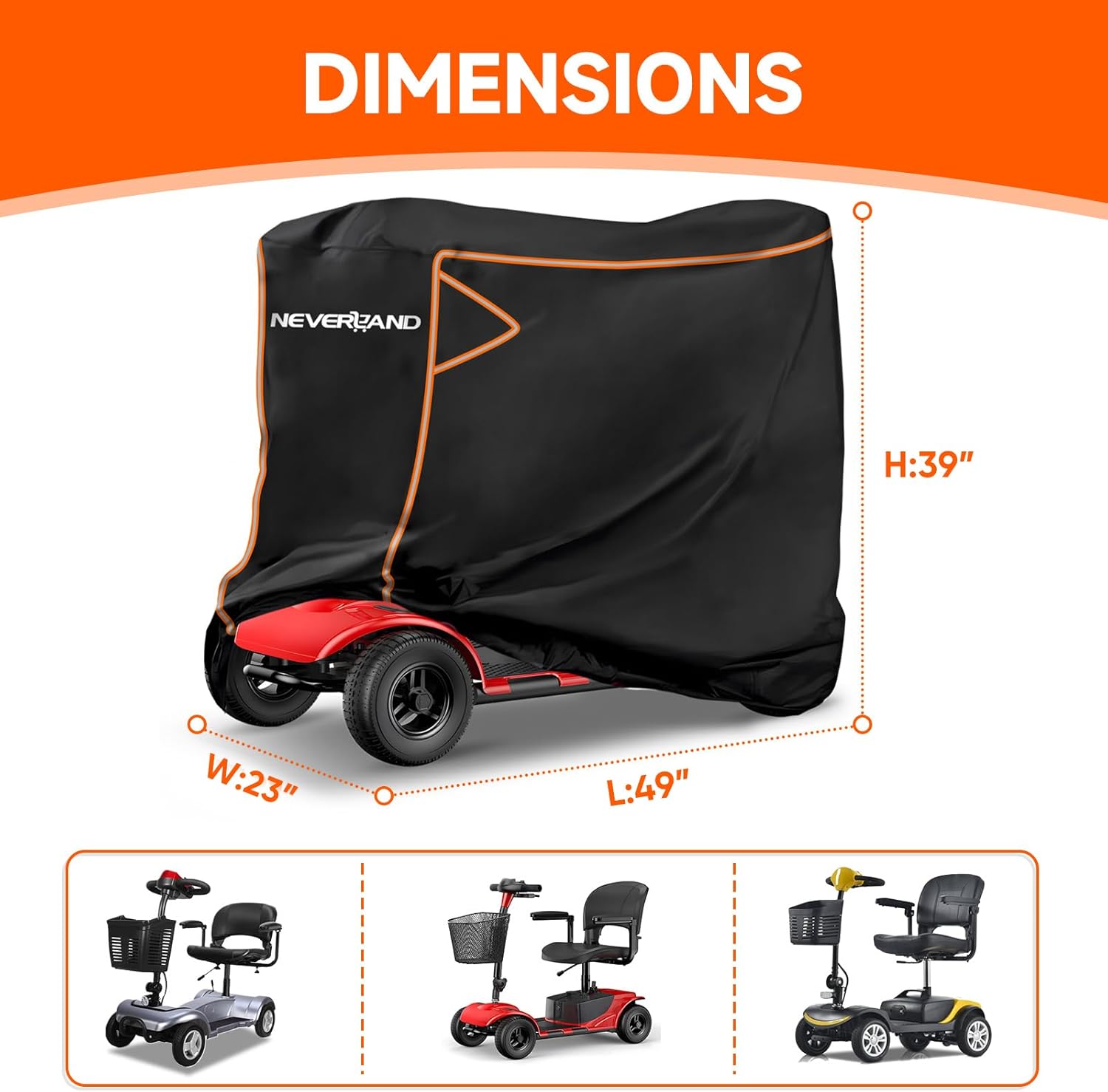 NEVERLAND Mobility Scooter Cover Waterproof - Heavy Duty 420D Electric Scooter Storage Cover Fit up to 49 inch 3 or 4 Wheel Mobility Scooters from Dust Rain Sun-Reflective Strips, Buckles, Storage Bag - Image 2