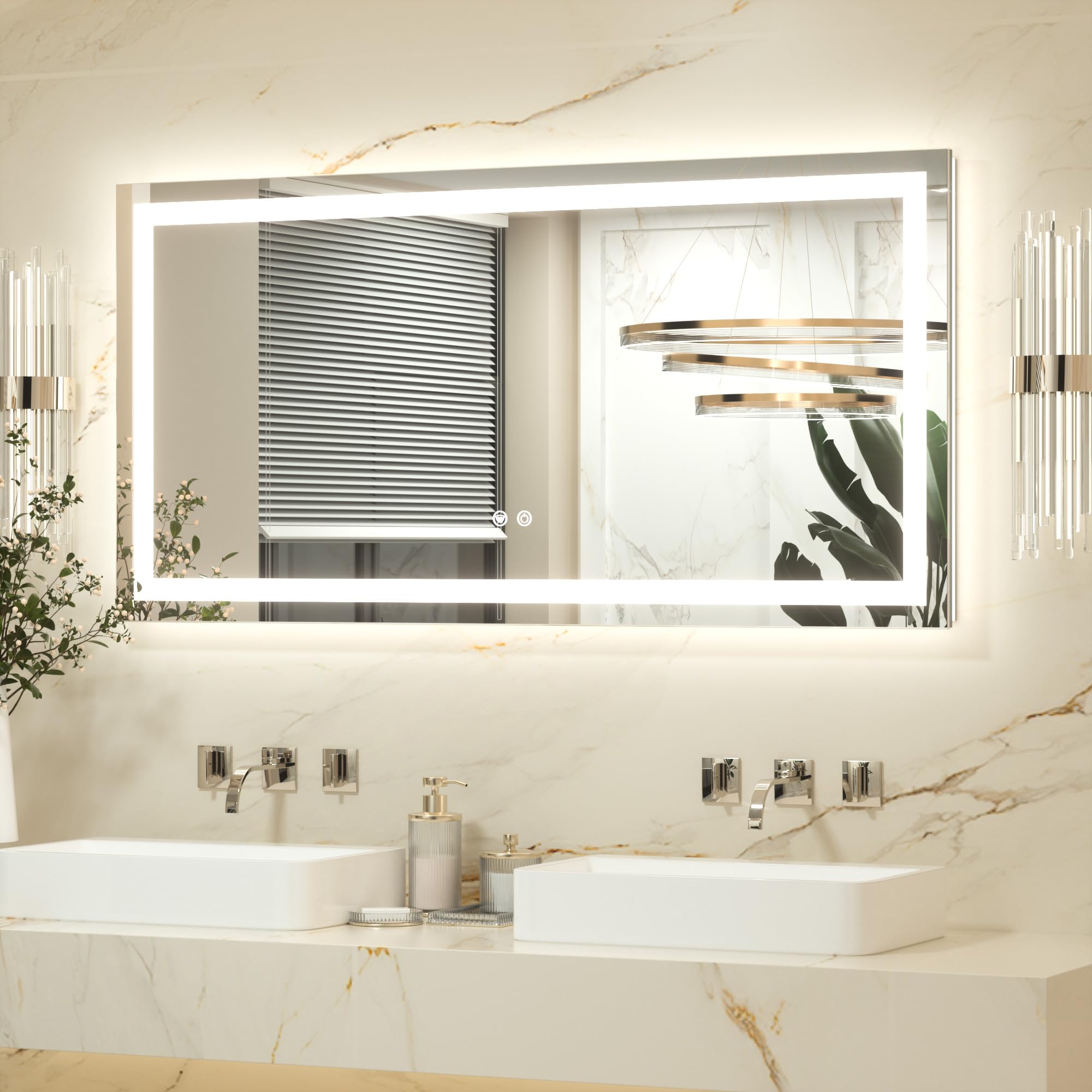 Keonjinn 120x60cm Bathroom Mirror with Led Lights, Antifog Vanity Mirror Back and Frontlit 3 Colour Dimmable Illuminated Wall Mounted Rectangle Mirrors — image 1