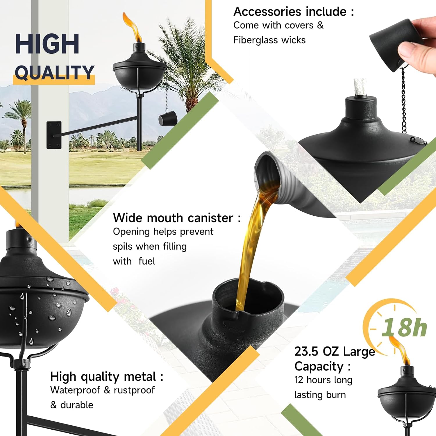 ZSZMFH 6 Pcs Wall Mounted Citronella Torches, 23.5 oz Garden Torches for Outside, Refillable Flame Light Torch, Outdoor Metal Torch for Yard, Patio, Deck, Garden, Party, Landscape