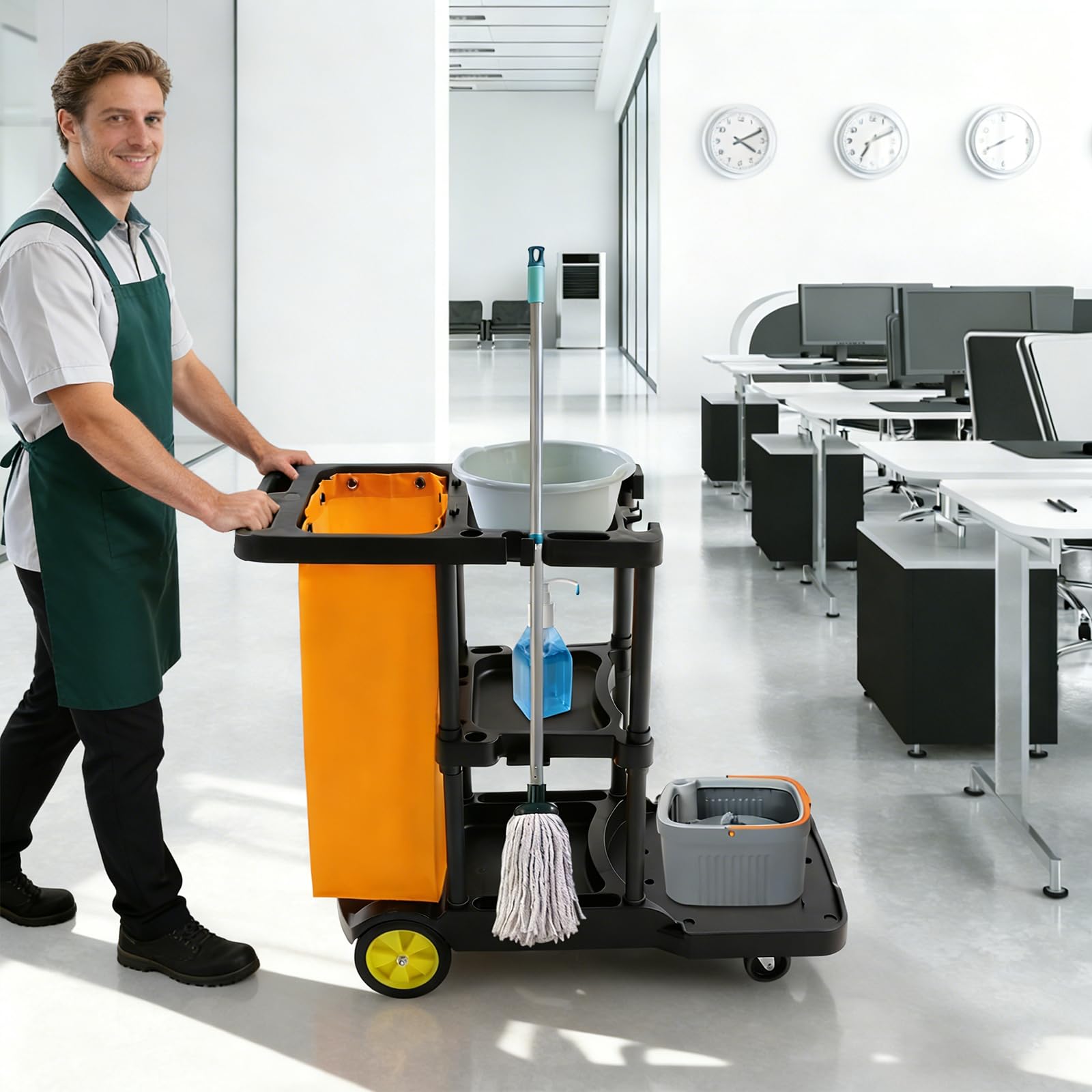 Carrello per la pulizia professionale con ruote, 3 ripiani e borsa in vinile, carrelli igienici per uffici, hotel, centri commerciali, portata 100 kg, 113 x 56 x 93 cm