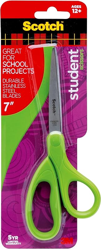 Scotch Student Scissors, 7-Inch - Blue, Green, or Purple, Colors May Vary (1407S-MIX)