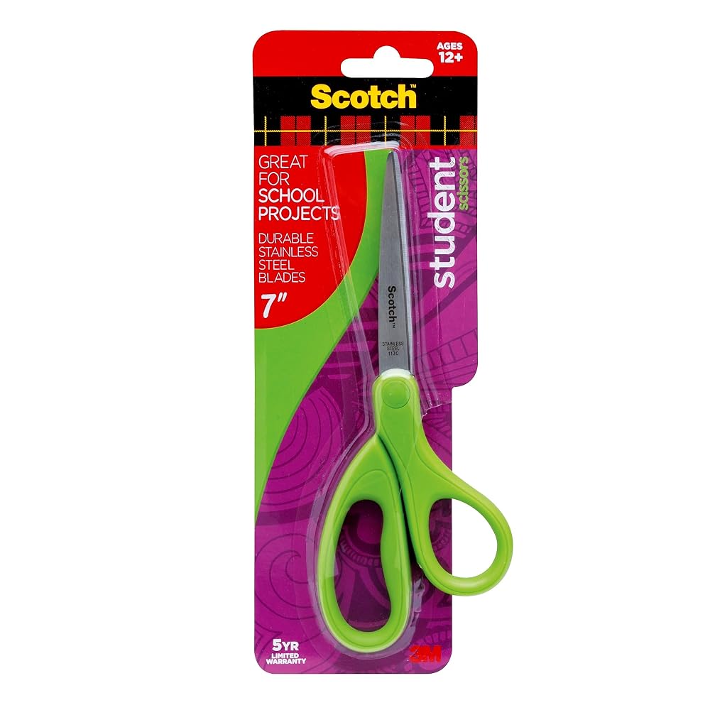 Scotch Student Scissors, 7-Inch - Blue, Green, or Purple, Colors May Vary (1407S-MIX)