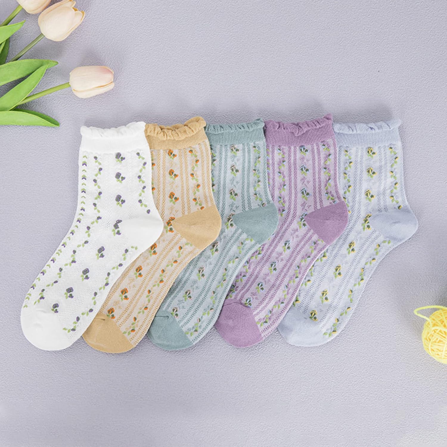 DXYAKY 5 Pairs Womens Floral Cotton Socks Vintage Patterned Crew Socks Novelty Ankle Ruffled Warm Casual Dress Socks - Image 3