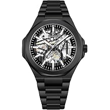GLENAW Mechanical Skeleton Wrist Watch Self-Winding Mechanical Classic Business Men Watches Silver and Black