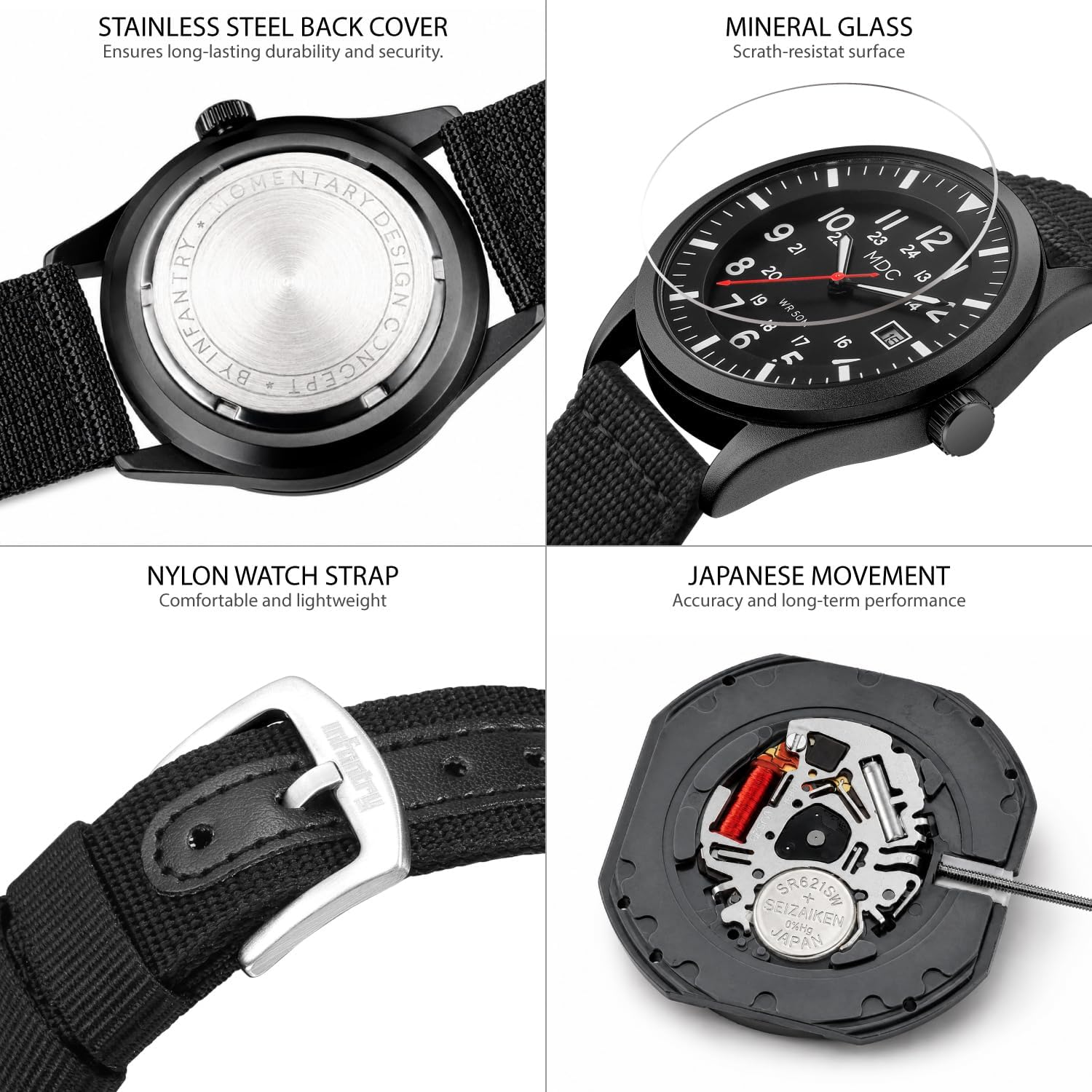 Infantry Mens Military Field Watch, Easy Read Large Face, 12/24H Nylon Band image 5