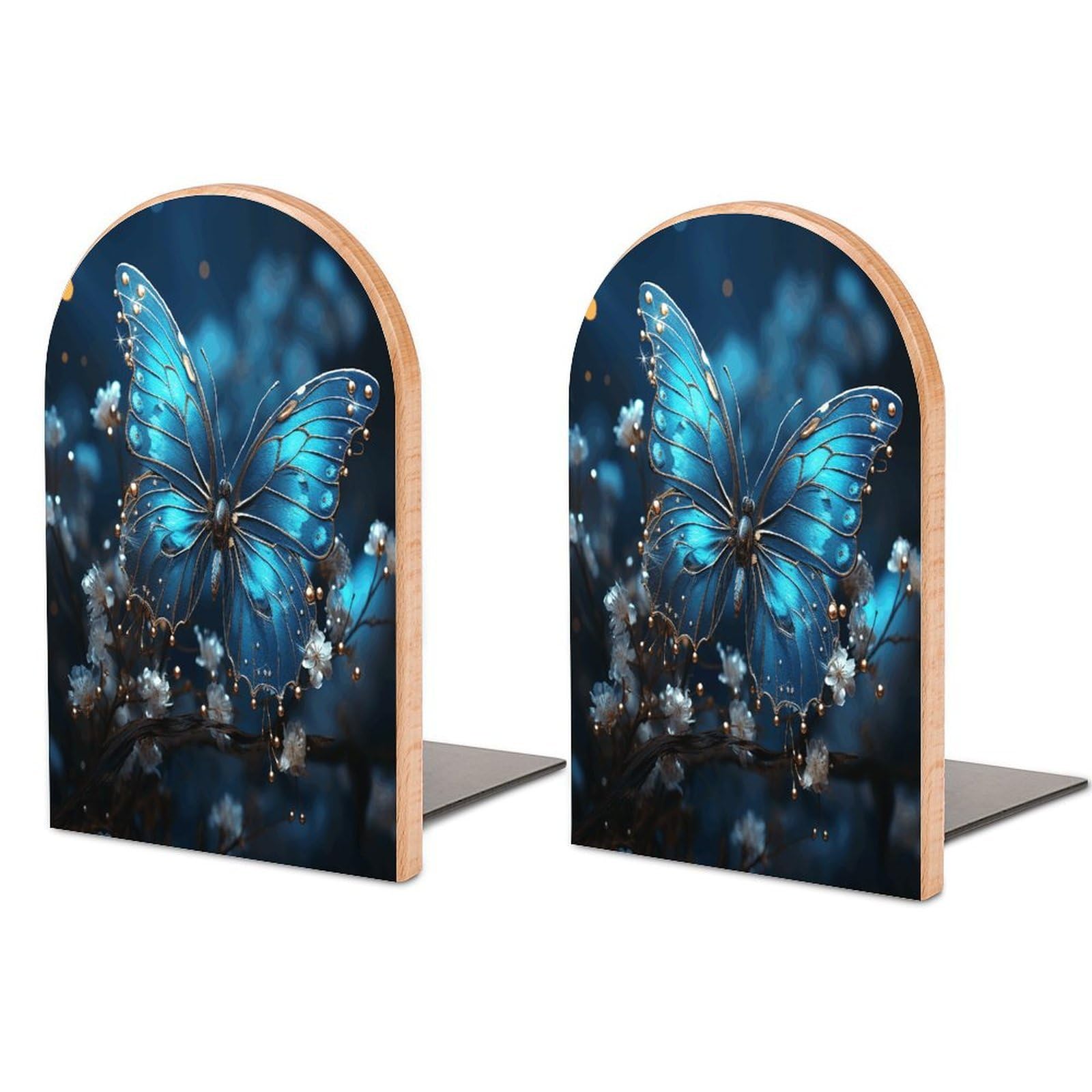 Sujetalibros de madera con mariposa azul y luna, soporte resistente antideslizante para estantes